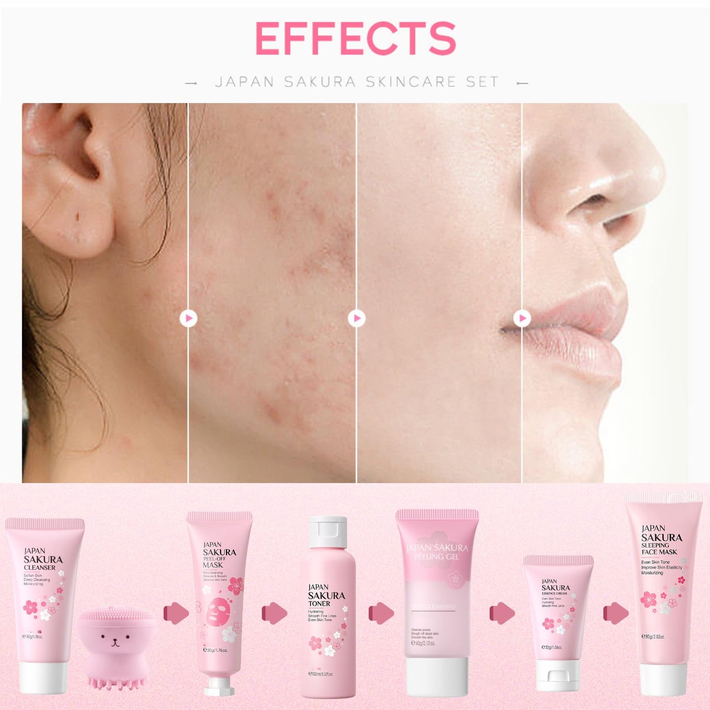 Skin Care Sets & Kits - Skincare for Teenage Girls Gift Set - Face Care For Pores,Exfoliate,Sakura Travel Kit - Mask,Peel Mask,Toner,Gel,Cleanser,Cream,Facial Cleansing Brush,Bag(8pcs)