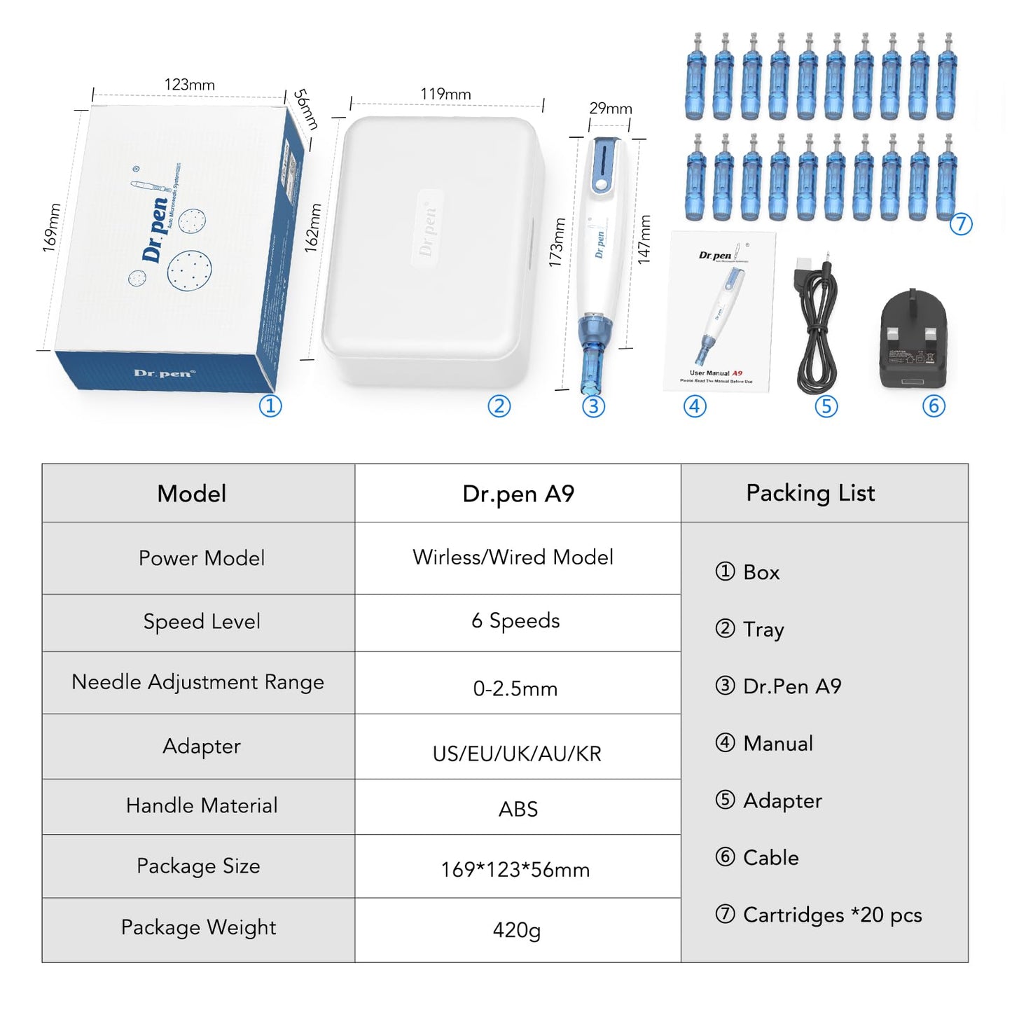 Dr. Pen Dr.Pen A9 Microneedling Pen Kit Wireless Micro Needling Derma Pen for Face and Body 6 Speed Adajustable with 12 pin 24 pin 36 pin Nano Round Cartridges for Women and Men UK Plug
