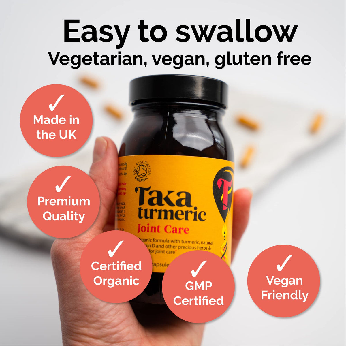 Taka Turmeric, 90 Caps Organic Joint Care Supplements with Turmeric Black Pepper Extract Vitamin D & Ginger, Organic Turmeric Ginger and Black Pepper Capsules, Vegan, Recyclable Packaging
