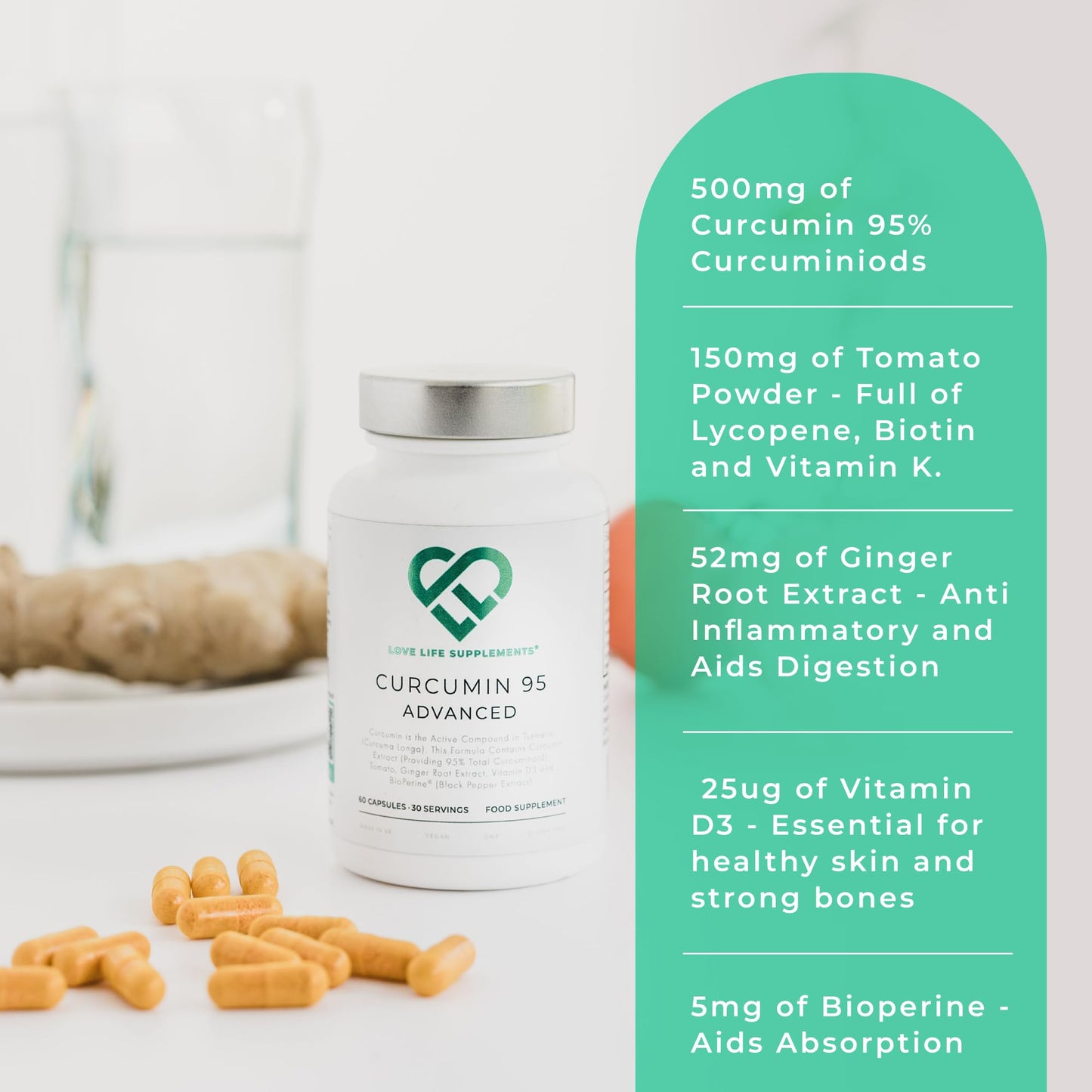 Curcumin 95 Advanced by LLS | High Strength Curcumin (the Active Component of Turmeric) with 95% Curcuminoids + BioPerine®, Vitamin D, Tomato and Ginger Root | 60 Capsules