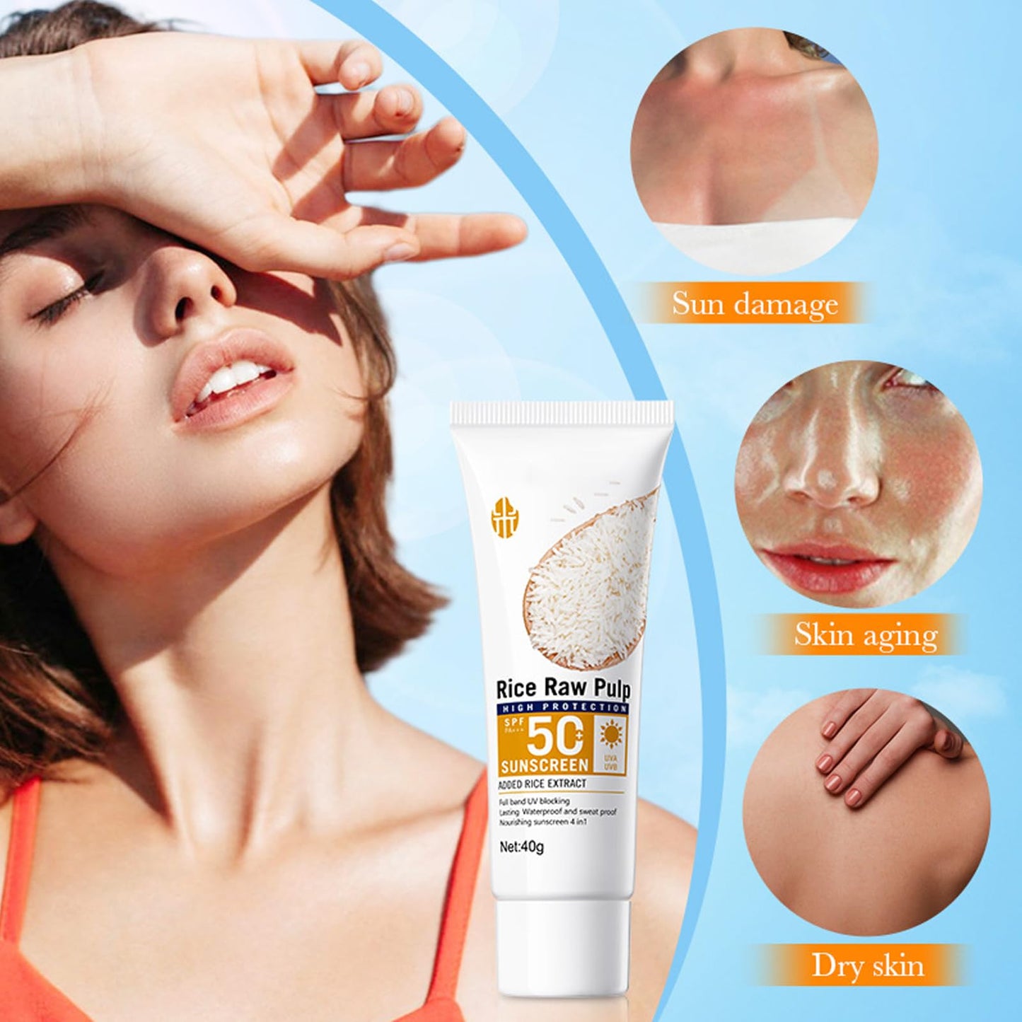 GEEWHILE Rice Sunscreen SPF 50+ Sunscreen with Rice Extracts, Waterproof Moisturizing Sun Cream, UVA&UVB Protection Sun Cream for Protects & Brightens Skin, Reduces Blemishes, Non-Greasy