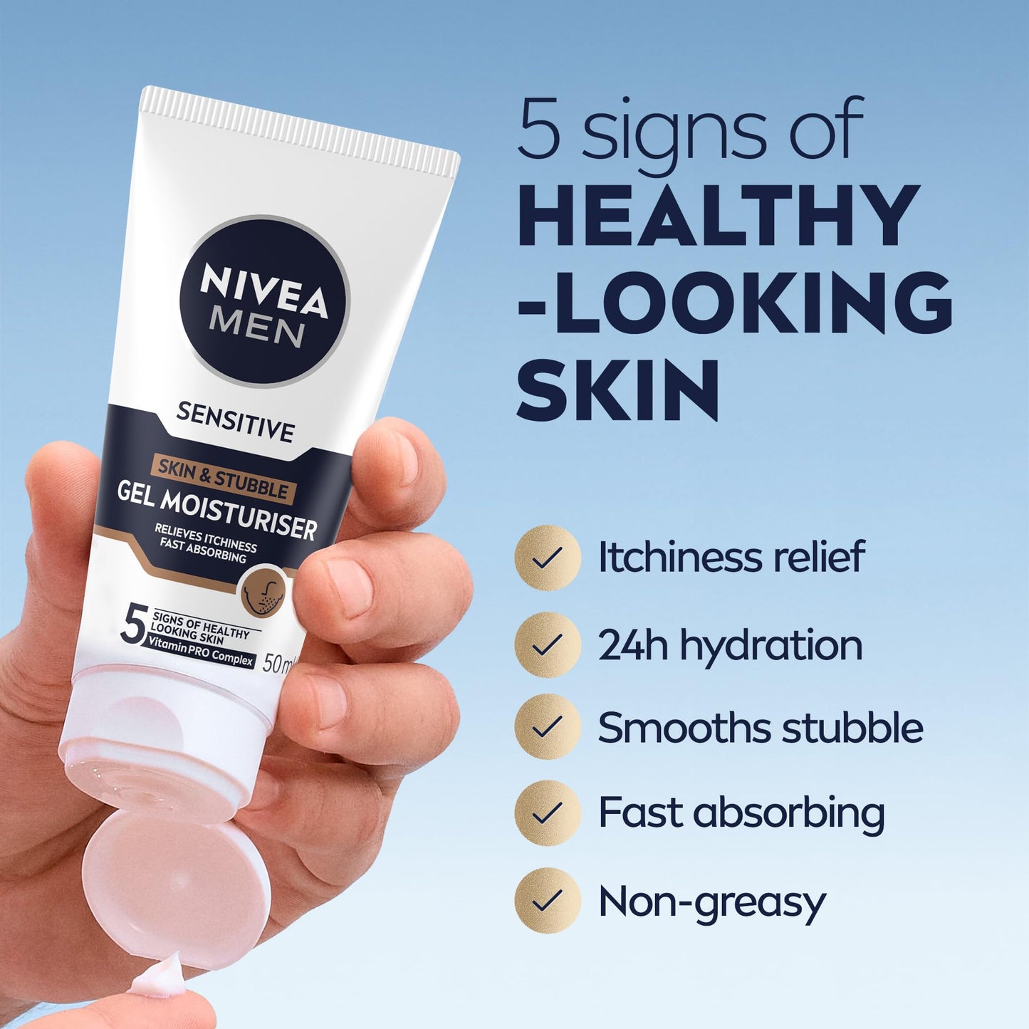 NIVEA MEN Sensitive Skin & Stubble Gel Moisturiser (50ml), Men's Face Cream for Daily Use, Gel Moisturiser with Vitamin E, Provitamin B5 and Chamomile Extract