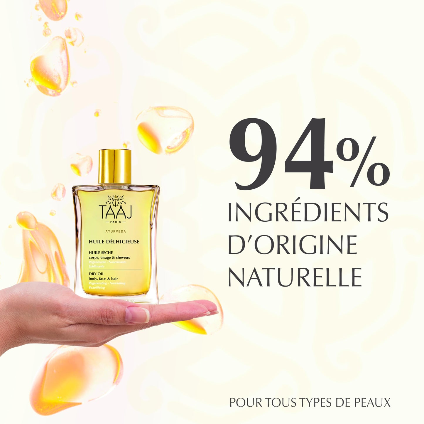 TAAJ | Huile Délhicieuse | Dry Beauty Oil | Body, Face & Hair | Nourishes, Protects & Revitalises the Skin | Satin Skin | Repaired Hair | 96% of natural ingredients |Vegan | 100 ml
