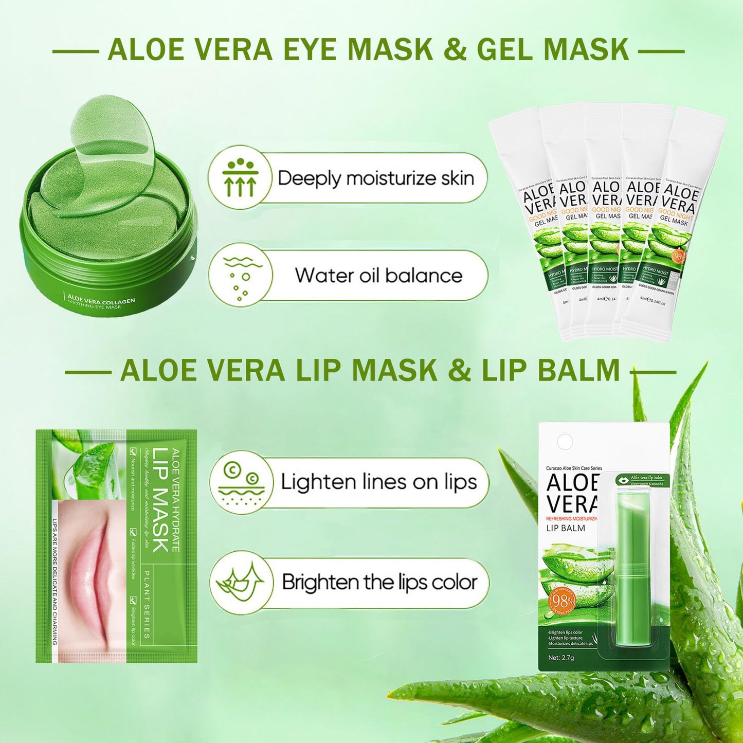 ISBEAUSOLS Aloe Vera Skincare Gift Set for Women - Self Care Gift Sets - Pamper Gift for Mum - Skin Care Sets & Kits - 10PCS Gifts for Teenage Girls with Face Serum-Gel Mask*5-Face Gel-Eye Mask-Lip Mask-Lip Balm