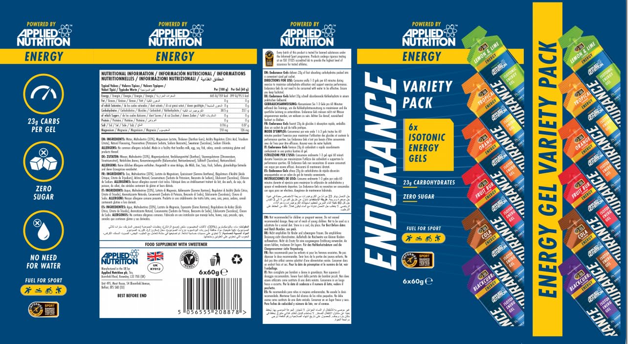 Applied Nutrition ISOTONIC Caffeine Free Energy Gels | Performance-Enhancing Formula | Zero Fat Zero Sugar | 23g Carbohydrates | Pack of 6 x 60g | Variety Pack
