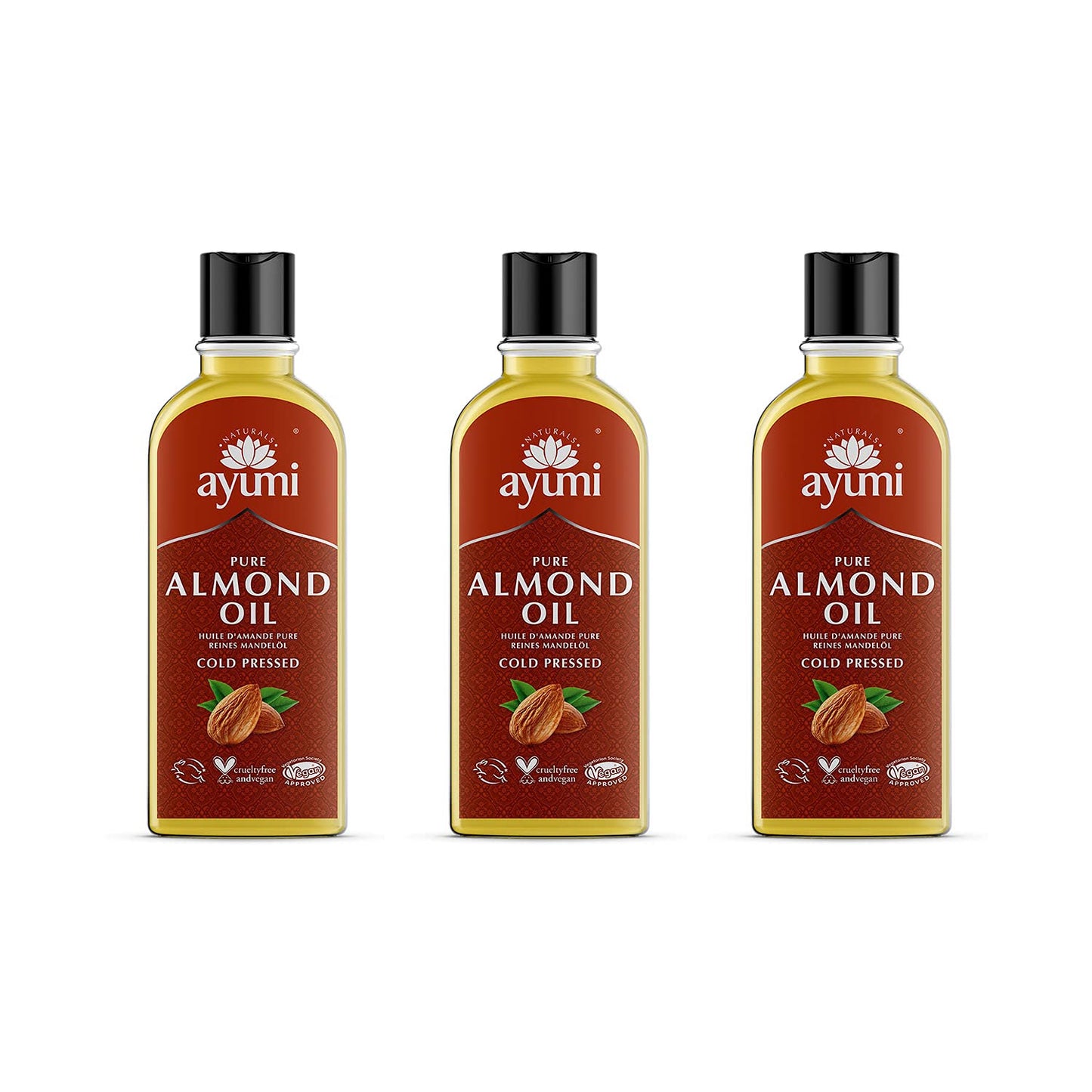 Ayumi Pure Almond Oil, Rich in Fatty Acids to Keep Skin Protected From Dryness & Wrinkles, Alleviates Dry Hair & Scalp Conditions - 3 x 150ml