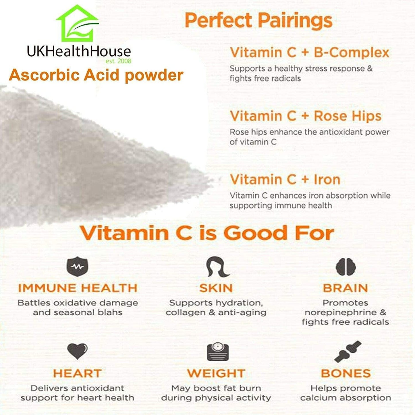 2kg UKHealthHouse 100% Pure Ascorbic Acid - Vitamin C Powder - Anti Oxidant - Food Grade