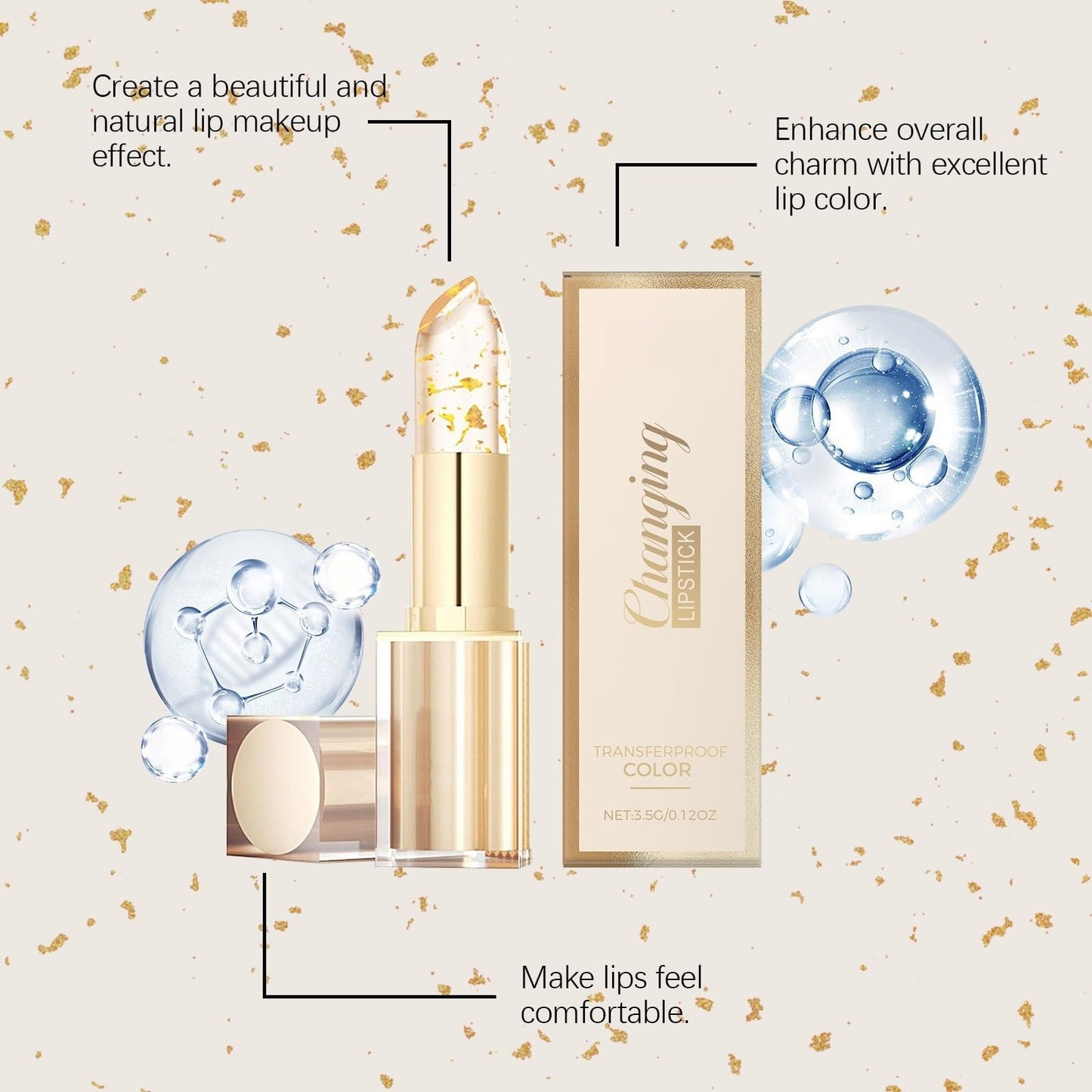 Xunzhi Transferproof Color Changing Lipstick,Temperature Color Change Lip Balm,Moisturizer Lip Balm,Transparente Gold Crystal Color Changing L/ip Stick,Gold Foil Moisturizing Glossy Shine L/ip Gloss