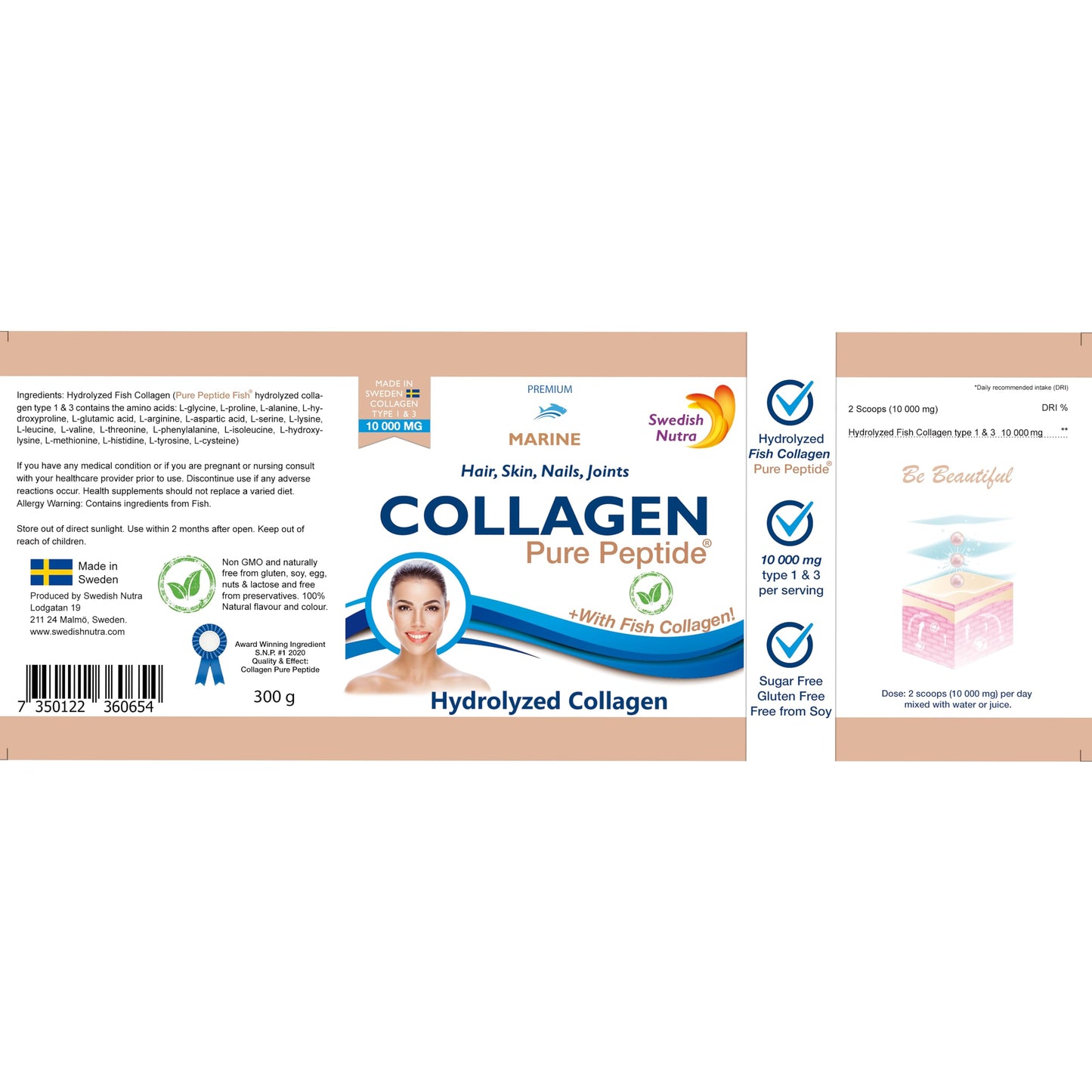 Swedish Nutra Powder Marine Collagen - Pack of 300g, 30 Day Supply | Minimize Fine Lines, Wrinkles & Improve Skin Elasticity | High Absorption Rate