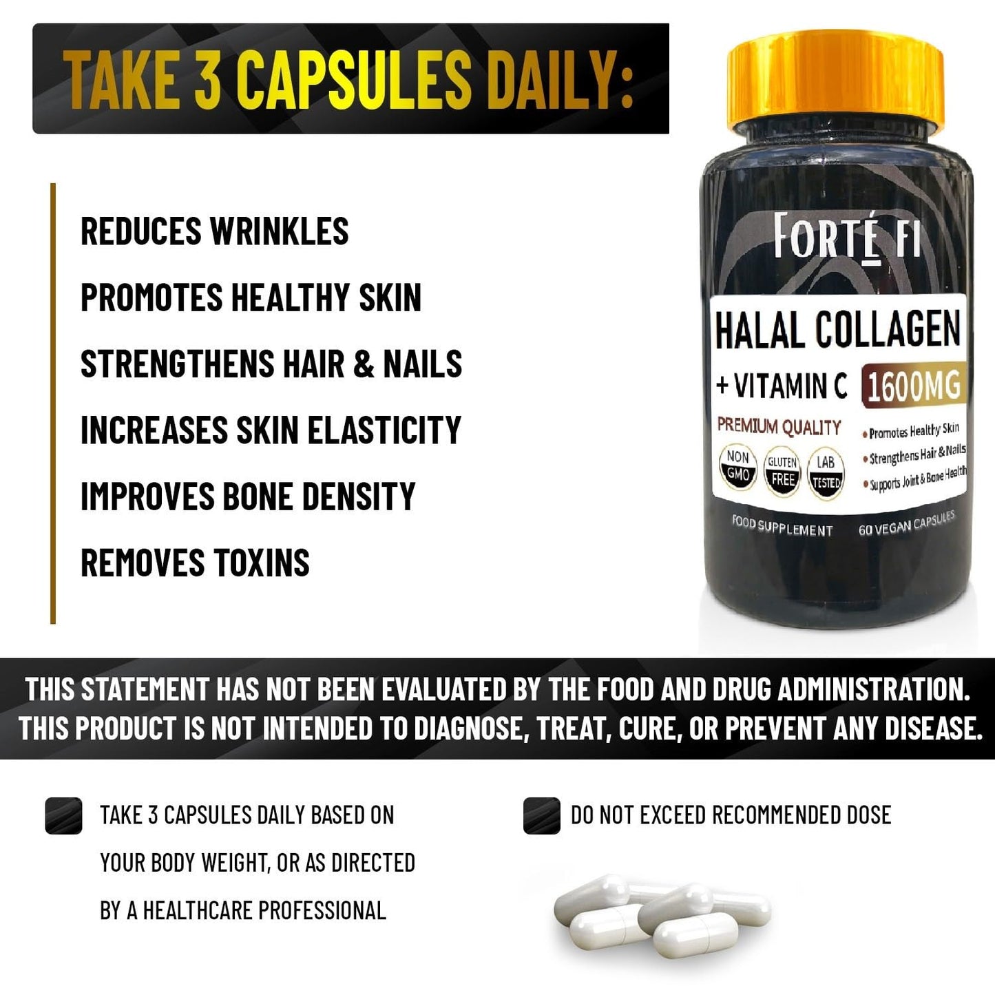 Generic Halal Collagen Supplement with Vitamin C – Supports Skin, Hair, Joint Health, Contains Halal Bovine, Eggshell and Marine Collagen Complex - 1600mg per Serving
