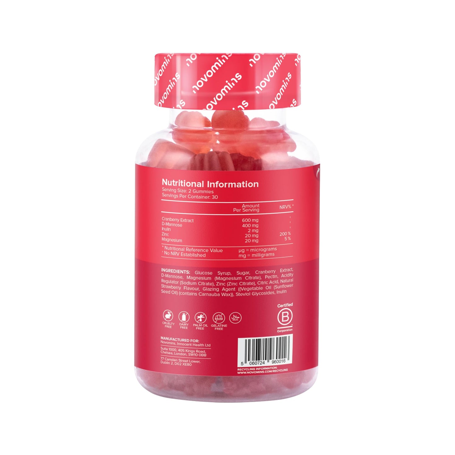 Novomins Cranberry & D Mannose Gummies - Cranberry Supplement for Urinary Tract Health and Better Bladder Control - With Zinc, Magnesium, and D-Mannose Powder - Vegan & Gluten-Free - 60 Inulin Gummies