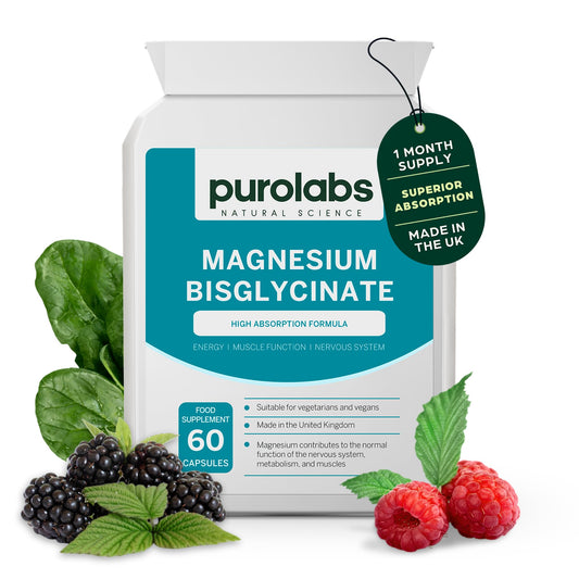 Purolabs Magnesium Bisglycinate 250mg | High Absorption | Energy, Sleep & Muscle Support | Gentle on Stomach | Vegan, Non-GMO, Allergen-Free | 60 Capsules | Made in UK