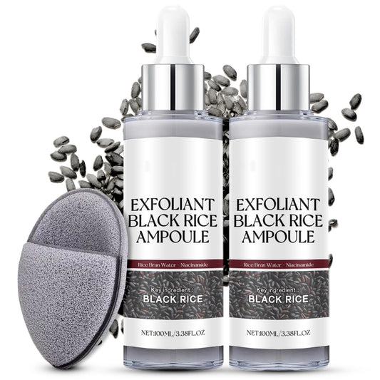 Tongyend Black Rice Ampoule with Sponge, Black Rice Face Exfoliator, Exfoliating Toner For Face - Pore Minimizer Soft Exfoliatin-g Body Scrub Dead Skin Cells, Blackhead Remover for All Skin Type