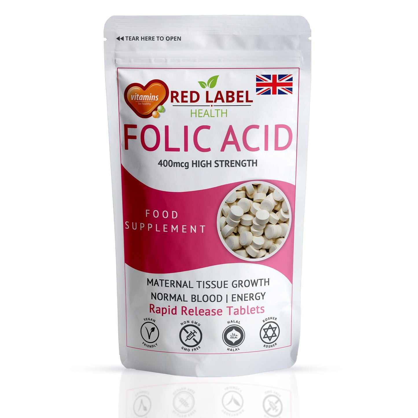 Red Label Health Folic Acid 400 mcg Tablets, 120 Vitamin B9 Tablets (4 Months Supply), Folate Fertility Supplement for Women, Vegan, Vegetarian, Supports Maternal Tissue Growth, Made in The UK