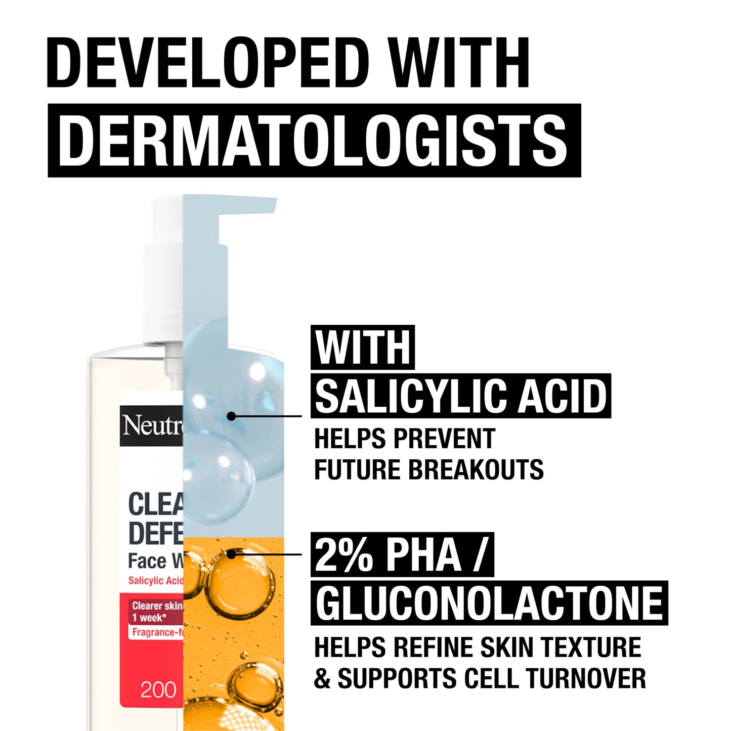 Neutrogena Clear & Defend+ Face Wash (1x 200ml), Purifying Facial Wash for Acne-Prone Skin with Salicylic Acid and AHA/PHA, Fragrance-Free Face for Spot-Prone Skin to Help Prevent Breakouts
