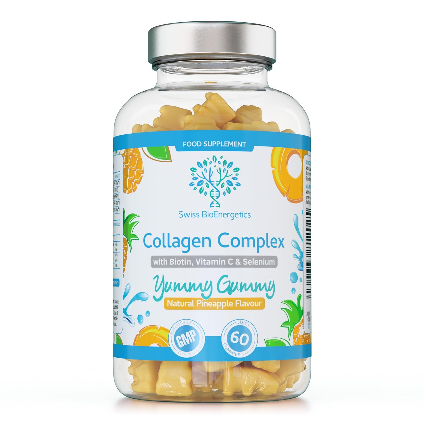 swiss bioenergetics Collagen Complex - 60 Natural Pineapple Flavour Chewable Yummy Gummies - One a Day 500mg Hydrolysed Collagen, Biotin, Vitamin C and Selenium – Healthy Skin and Hair for Men and Women – UK Made