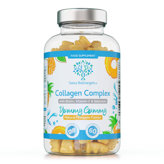swiss bioenergetics Collagen Complex - 60 Natural Pineapple Flavour Chewable Yummy Gummies - One a Day 500mg Hydrolysed Collagen, Biotin, Vitamin C and Selenium – Healthy Skin and Hair for Men and Women – UK Made