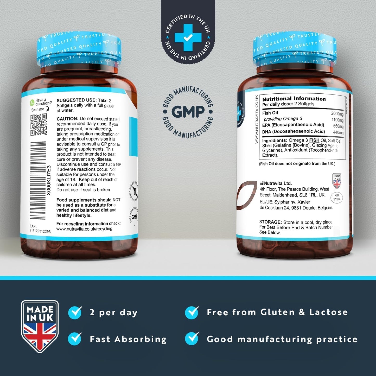 Omega 3 2000mg with 660mg EPA & 440mg DHA per Serving (2 Packs of 240) - 480 Softgel Capsules of Sustainably Sourced Pure Omega 3 Fish Oil - Made in The UK by Nutravita