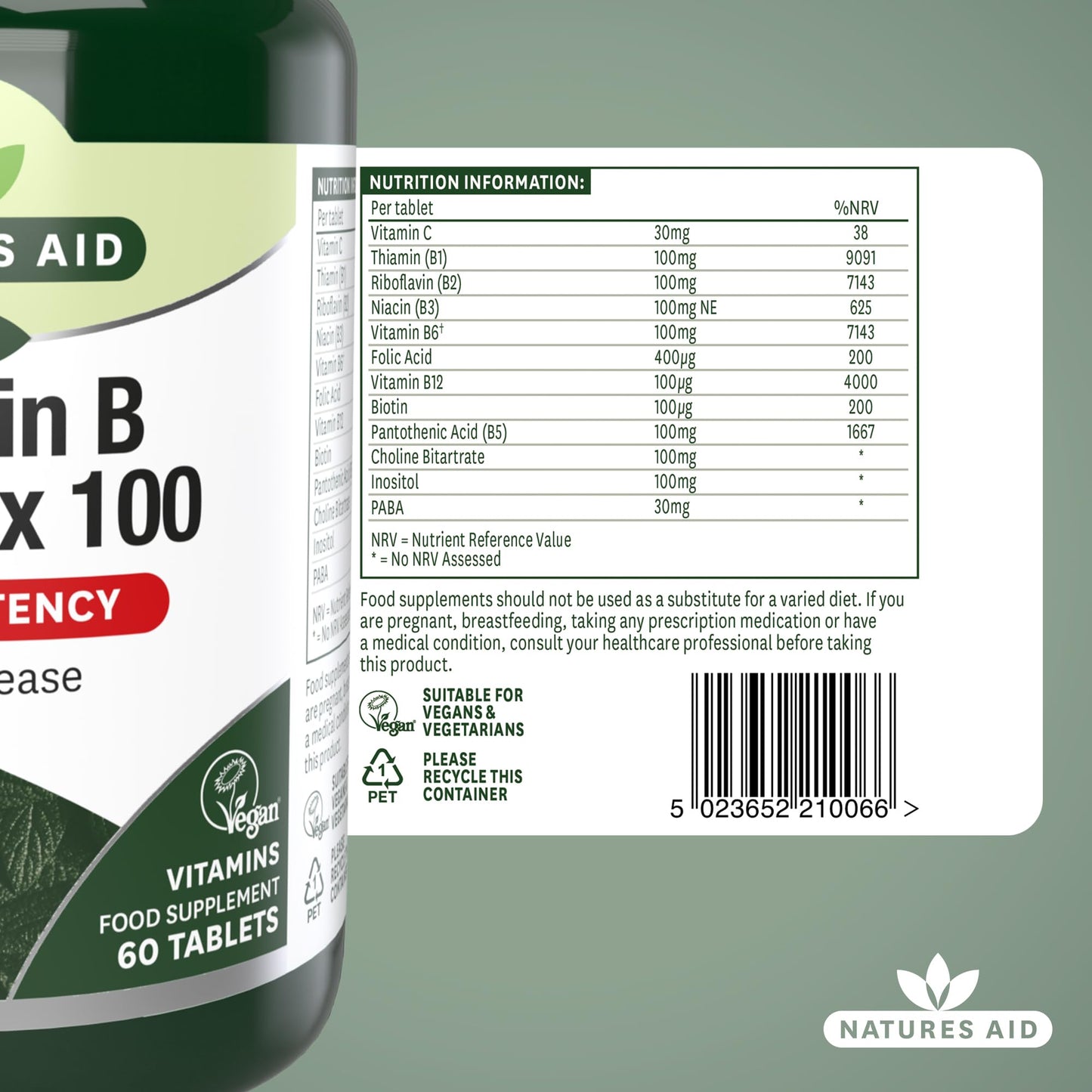 Natures Aid Vitamin B Complex 100mg – High Strength B Vitamins for Energy, Metabolism, Nervous System & Immune Support – Vegan, Gluten-Free, Non-GMO – Natural Supplement – 60 Tablets