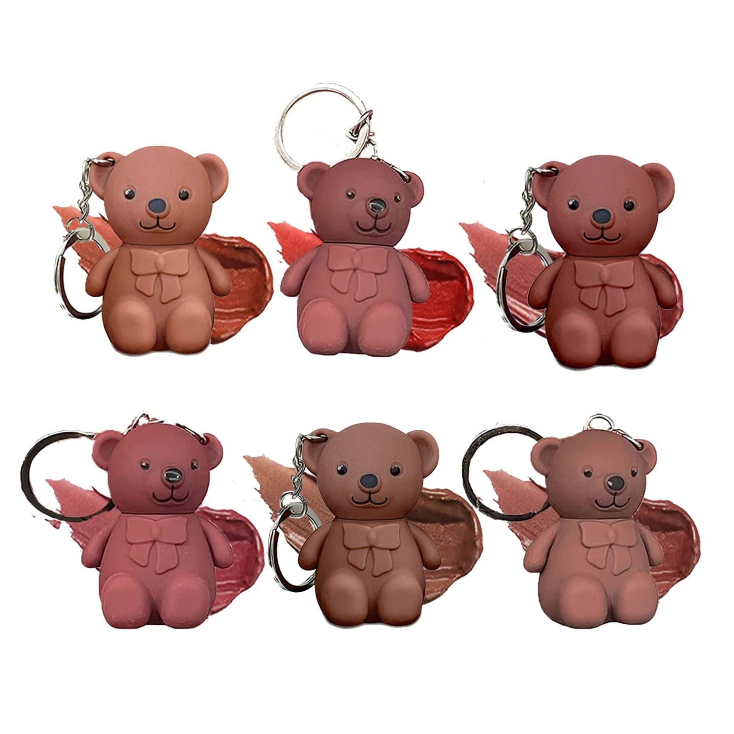Grospe 2 in 1 Keychain Bear Lipsticks Velvet Matte Lipstick Long Lasting Waterproof Lip Gloss Cute 2 in 1 Key Chain Bear Lipstick Lip Mud Nice Gift for Girls Women - C(6 colors)