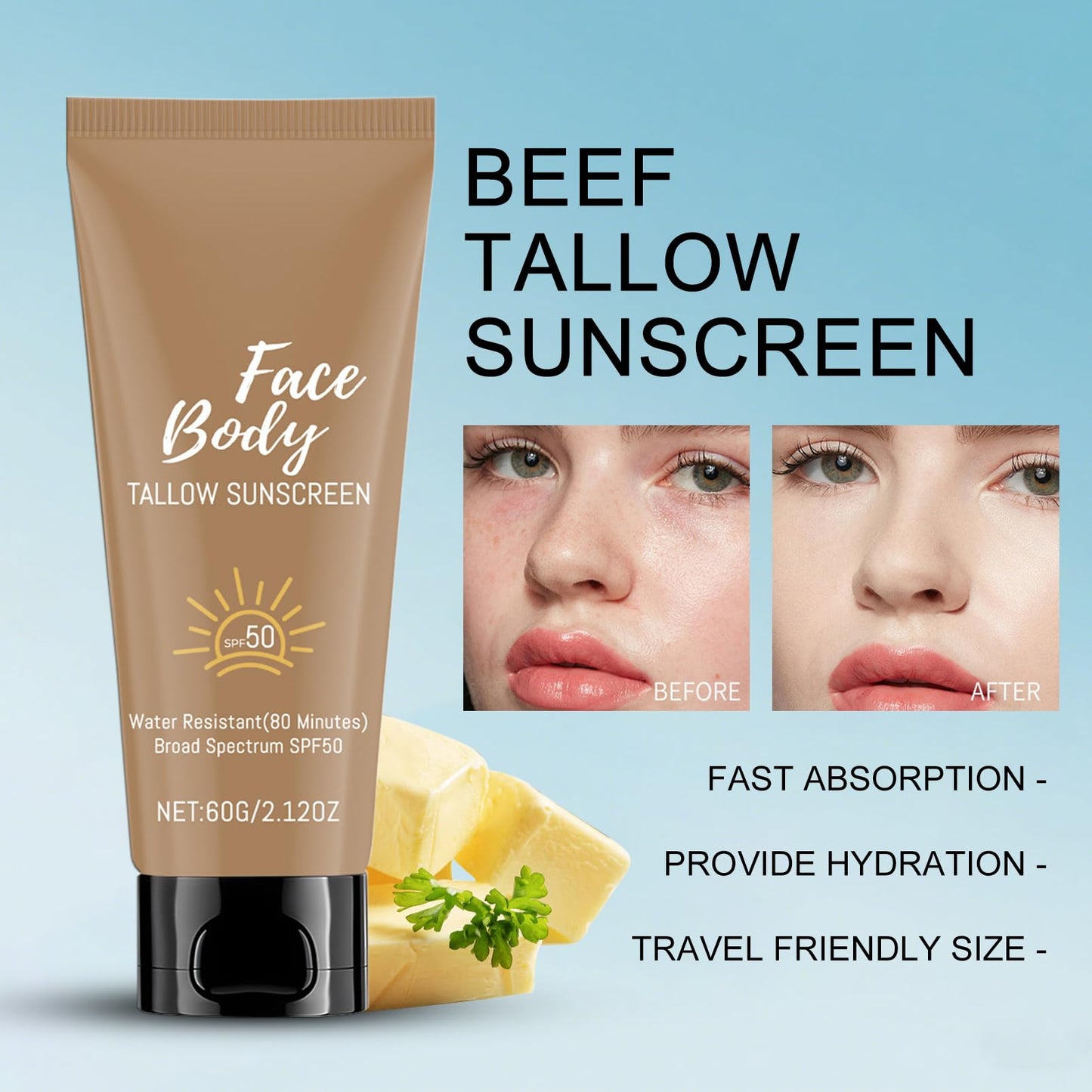 Lumiter Tallow Sunscreen SPF 50+ Broad Spectrum, Face Body Sunscreen, Beef Tallow Skincare, Water Resistant, 60g