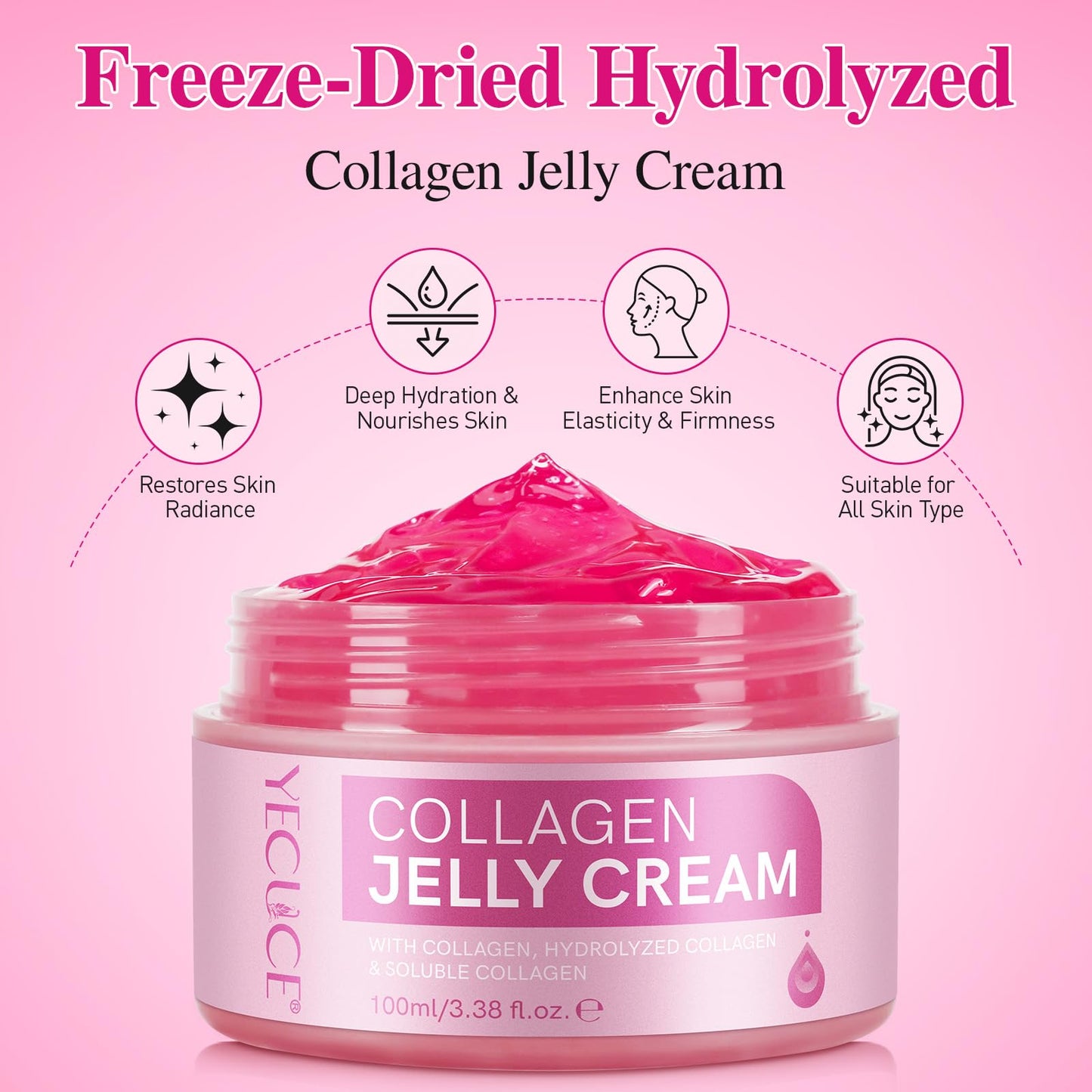 Collagen Jelly Cream, Face Collagen Cream with Niacinamide and Hydrolyzed Collagen, Boost Skin Elasticity Hydration, Reduce Fine Lines and Dullness, All Skin Types Korean Skin Care 100ml