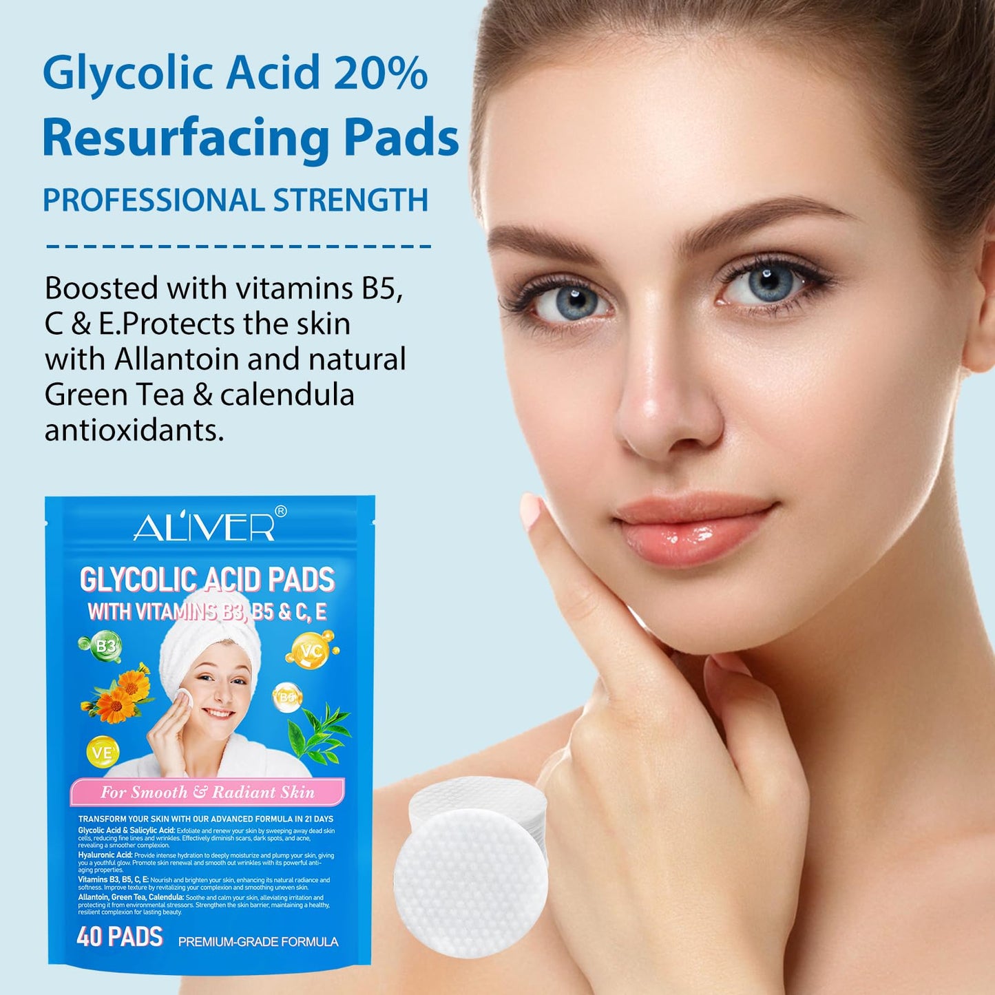 Generic Glycolic Acid Pads 40P, Acid Brush Cotton Pads, Glycolic Acid 20% Resurfacing Pads, With Vitamins B3, B5, C, E & Collagen, Exfoliates Surface Skin, For Smooth & Radiant Skin