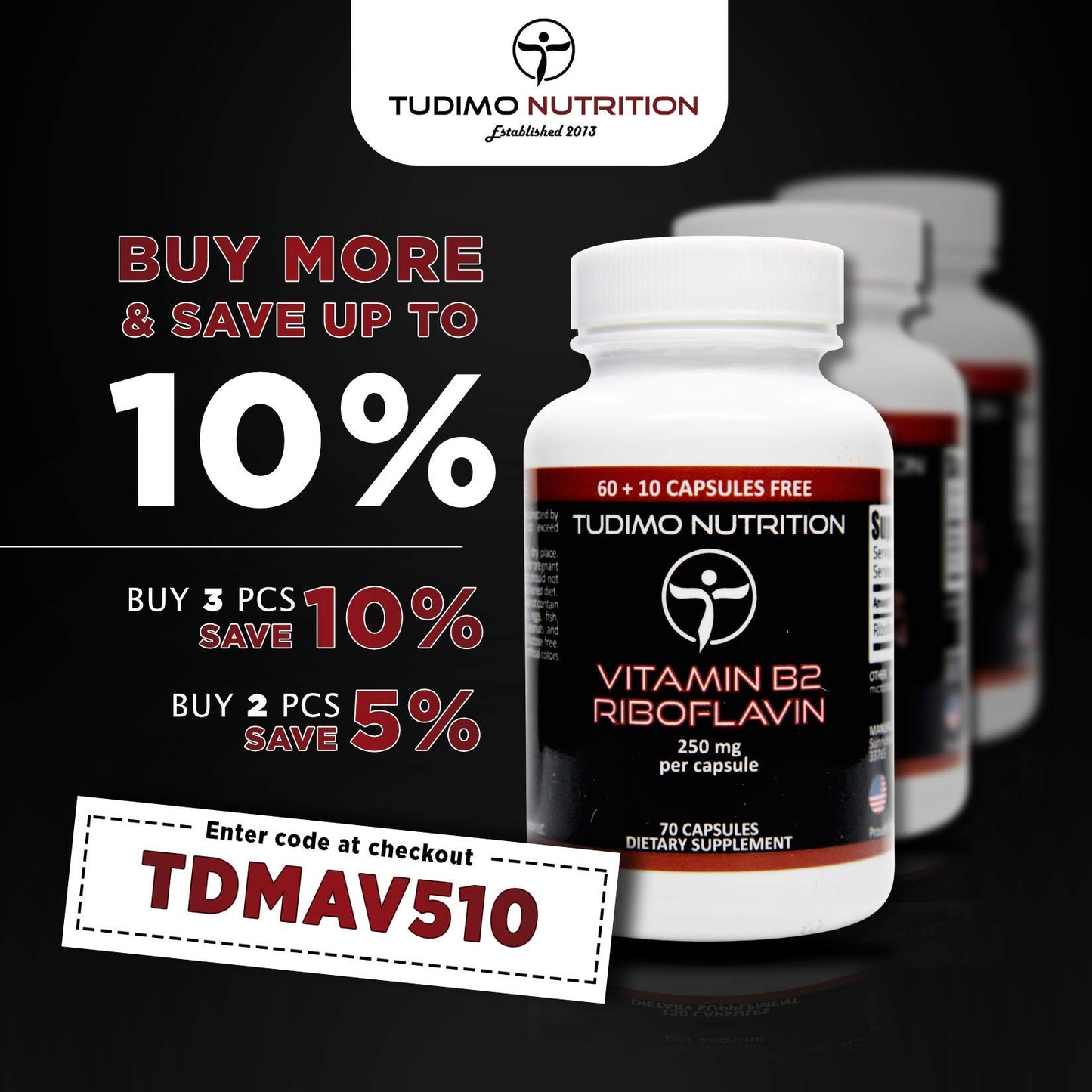 Vitamin B2 Riboflavin 250 mg Capsules - 70 pcs (2+ Month Supply) of Rapidly Disintegrating Capsules, Each with 250mg of Premium Quality & Pure Riboflavin Powder, by TUDIMO