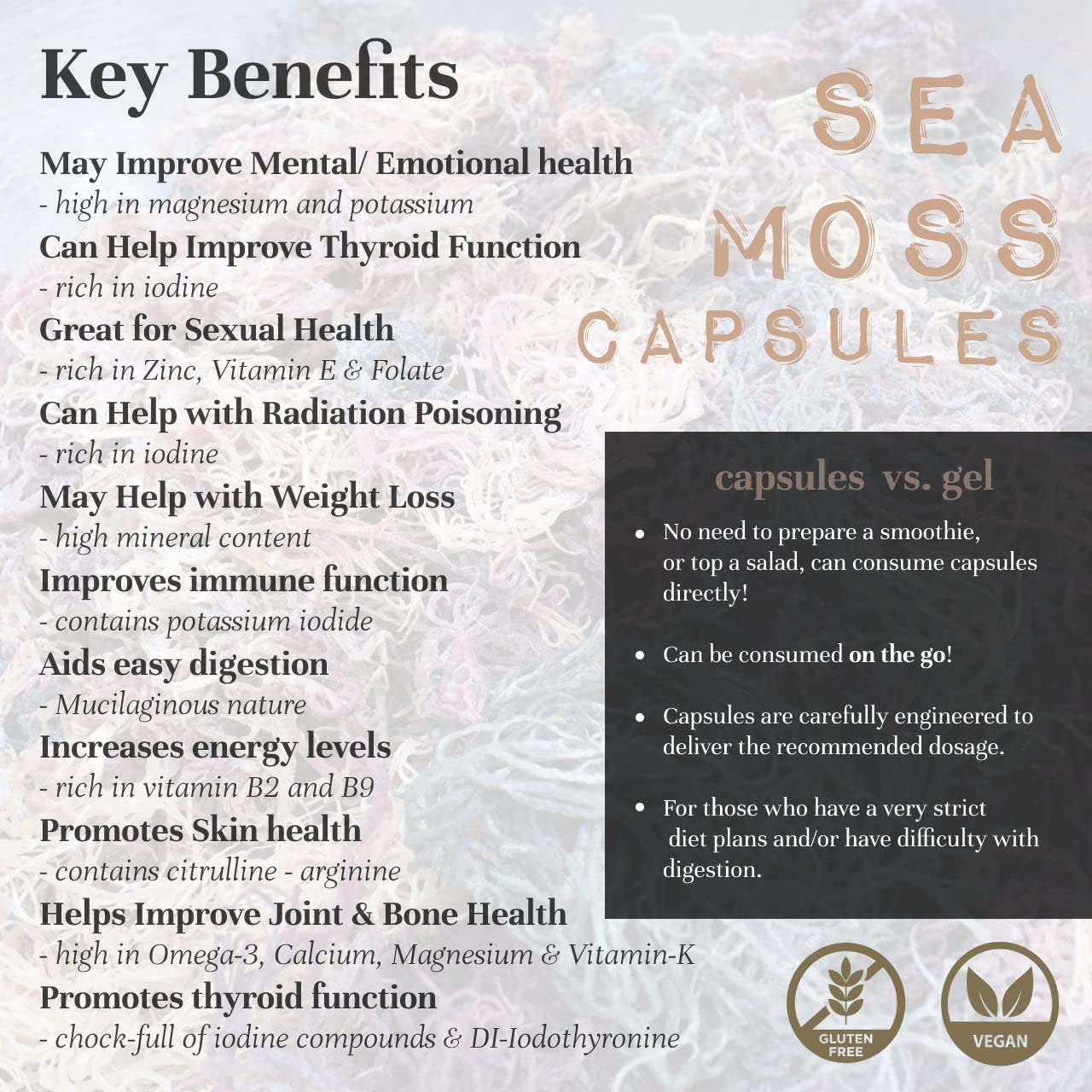 Sea Moss Capsules (St. Lucia - 60 caps) Organic | Wild Crafted | Non GMO | 92 Minerals - Containing Essential Vitamins and Minerals