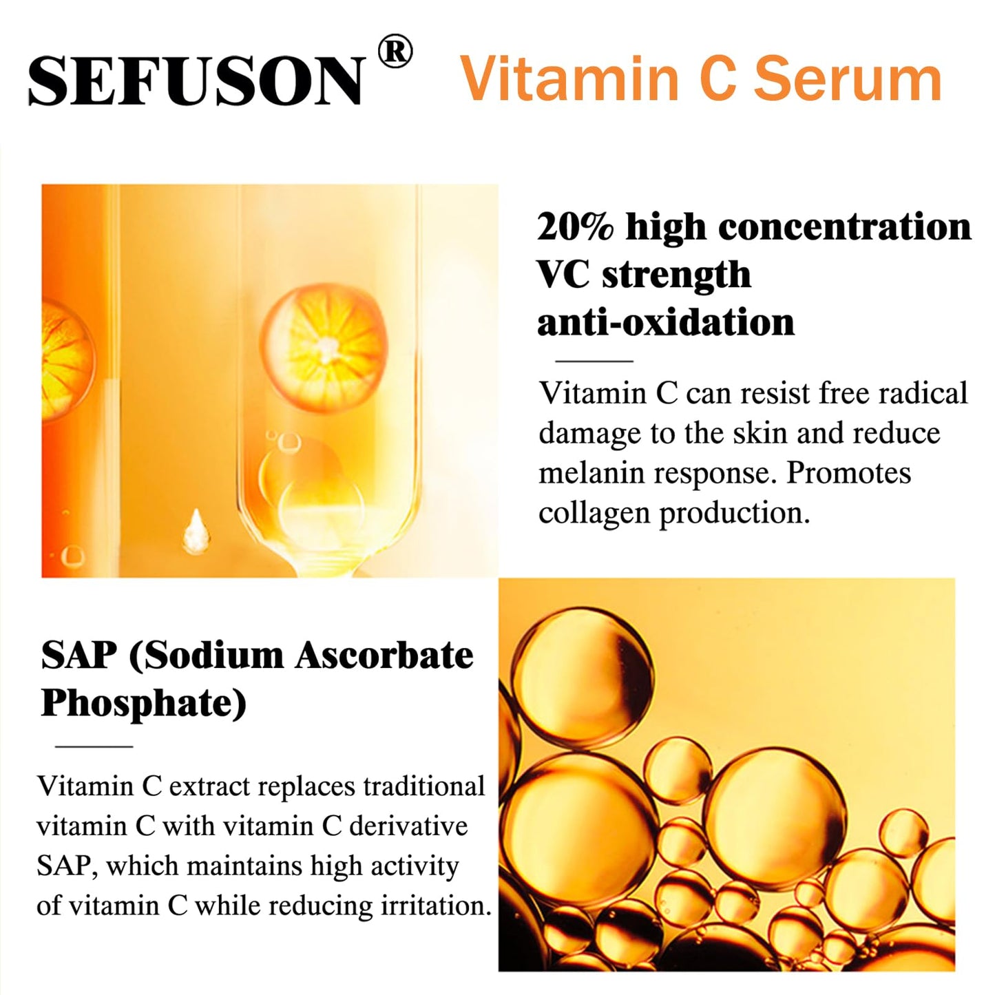 SEFUSON Vitamin C Serum Face, With Hyaluronic Acid, Vitamin E,20% Vitamin C for Anti-wrinkle, Dark Circle, Restore & Boost Collagen, Firming skin - 1Oz