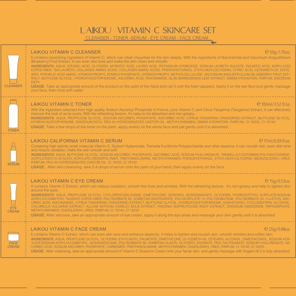 LAIKOU SkinCare Set, Vitamin C Serum for Face Skin Care Sets & kits with Cleanser, Toner, Serum, Eye Cream & Face Cream, Pamper Gift Set for Teenage Girls/Women, Travel Kit for Anti-Aging, 5pcs