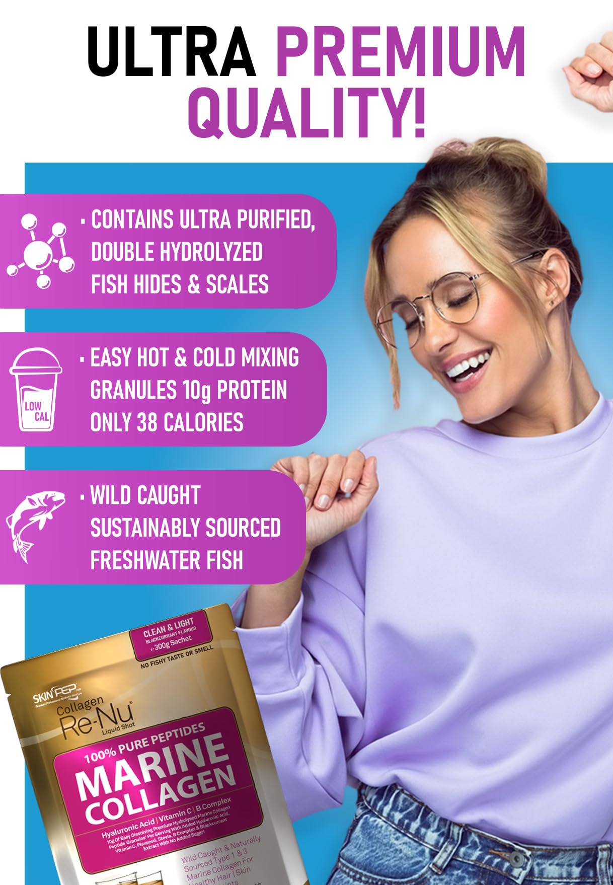Premium Hydrolysed Marine Collagen Peptide Powder + VIT C, B Complex Hyaluronic Acid, & Stevia. Delicious Taste/No Fishy Smell - SkinPep® Collagen Re-Nu 300g - 30 Days Supply
