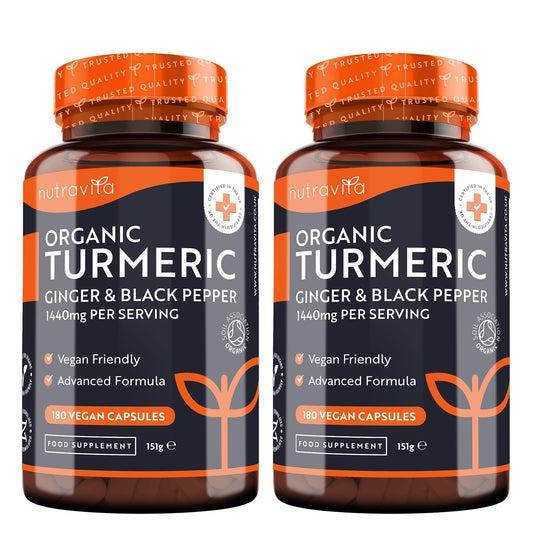 Organic Turmeric 1440mg with Black Pepper & Ginger (2 Packs of 180)- 360 Vegan Turmeric Capsules (6 Month Supply) – High Strength Organic Turmeric with Active Ingredient Curcumin - UK Made - Nutravita
