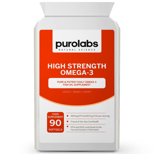 High Strength Omega 3 Fish Oil - 660mg EPA 440mg DHA per Serving. 60 Softgel Capsules for Heart, Brain & Vision - Made in The UK by Purolabs