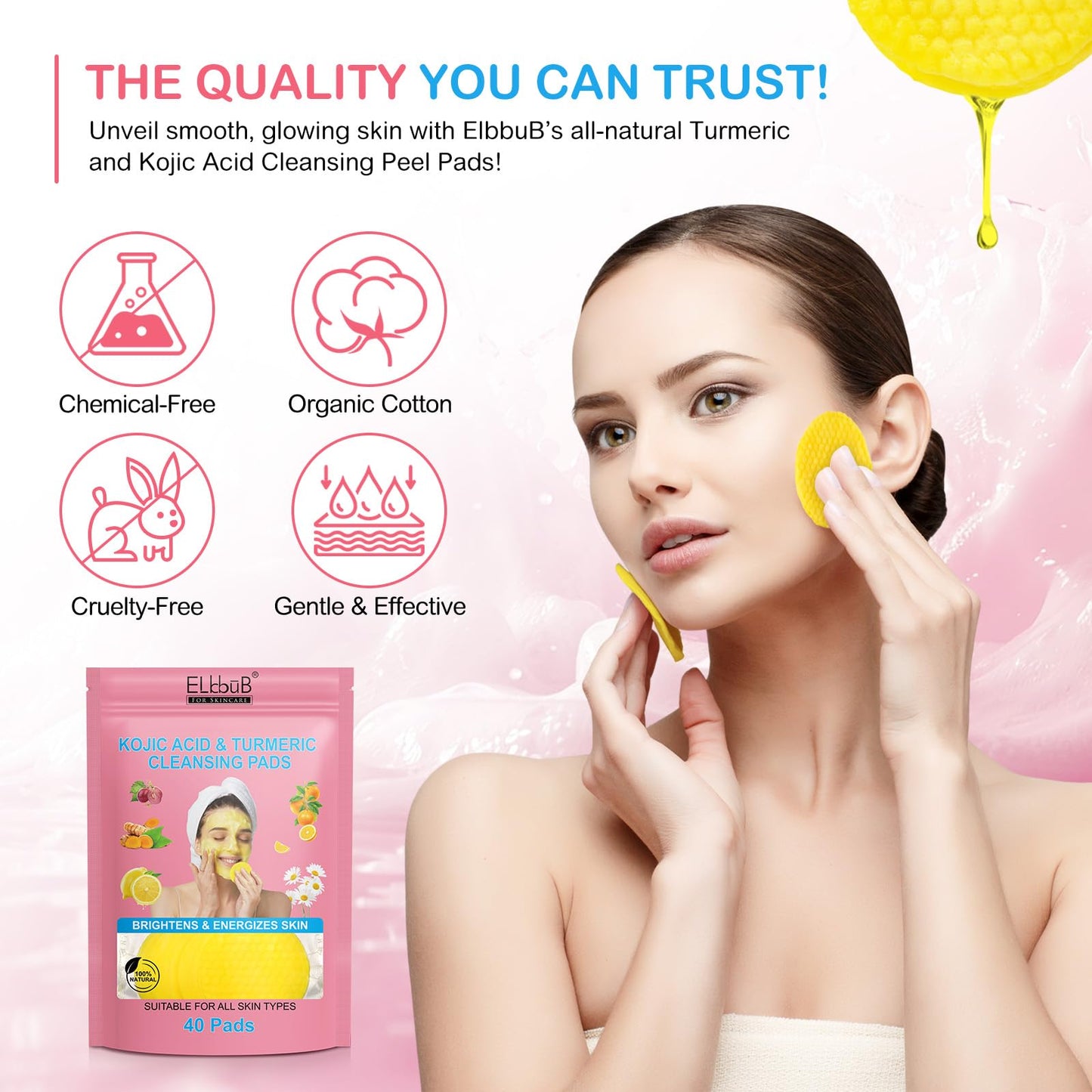 Turmeric Kojic Acid Cleansing Pads - Brightening & Energizing Skin | Deep Clean Pores, Remove Excess Keratin, Firming Face, Treat Acne Scars & Dark Spots | Suitable for All Skin Types