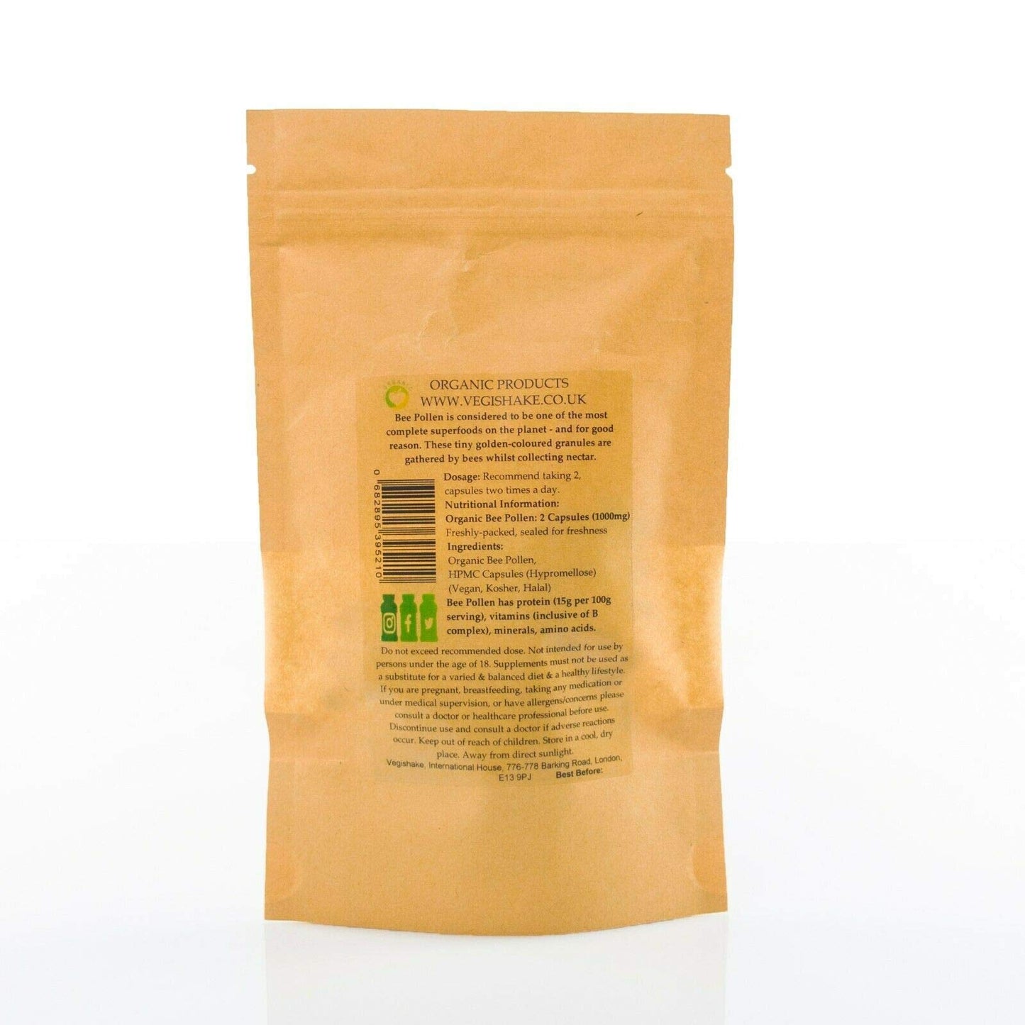 Organic Bee Pollen HPMC Capsules 1000mg B-Complex Vitamins B1 B2 B9 C E and Copper Vegan Halal Kosher (60 Capsules)