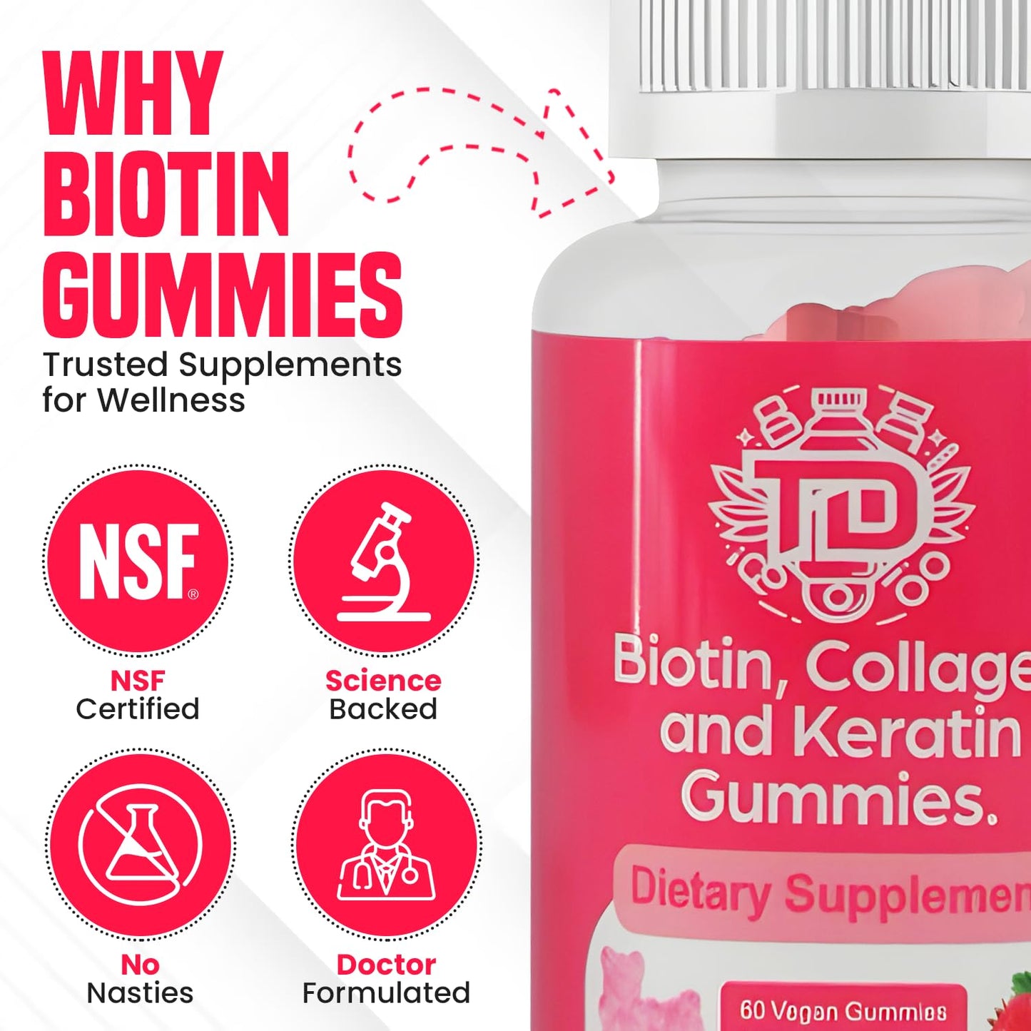 Biotin, Collagen and Keratin Gummies, Vitamins A, B6, B12, C, D, E | Supports Healthier Hair, Skin, Nails - 60 Vegan Strawberry Flavoured Gummies