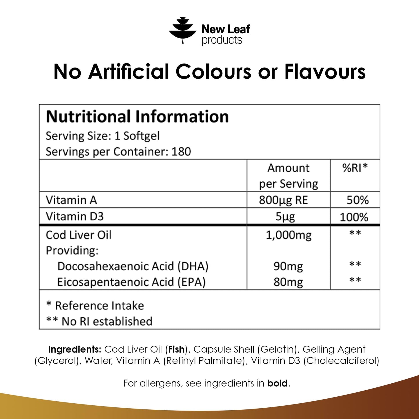NEW LEAF PRODUCTS Cod Liver Oil Softgels 1000mg - 180 Cod Liver Soft gels High Strength Softgels- Cod Liver Oil Rich in Omega 3 EPA DHA Fatty Acids + Vitamins A & D, High Strength Fish Oil - UK Made, by New Leaf