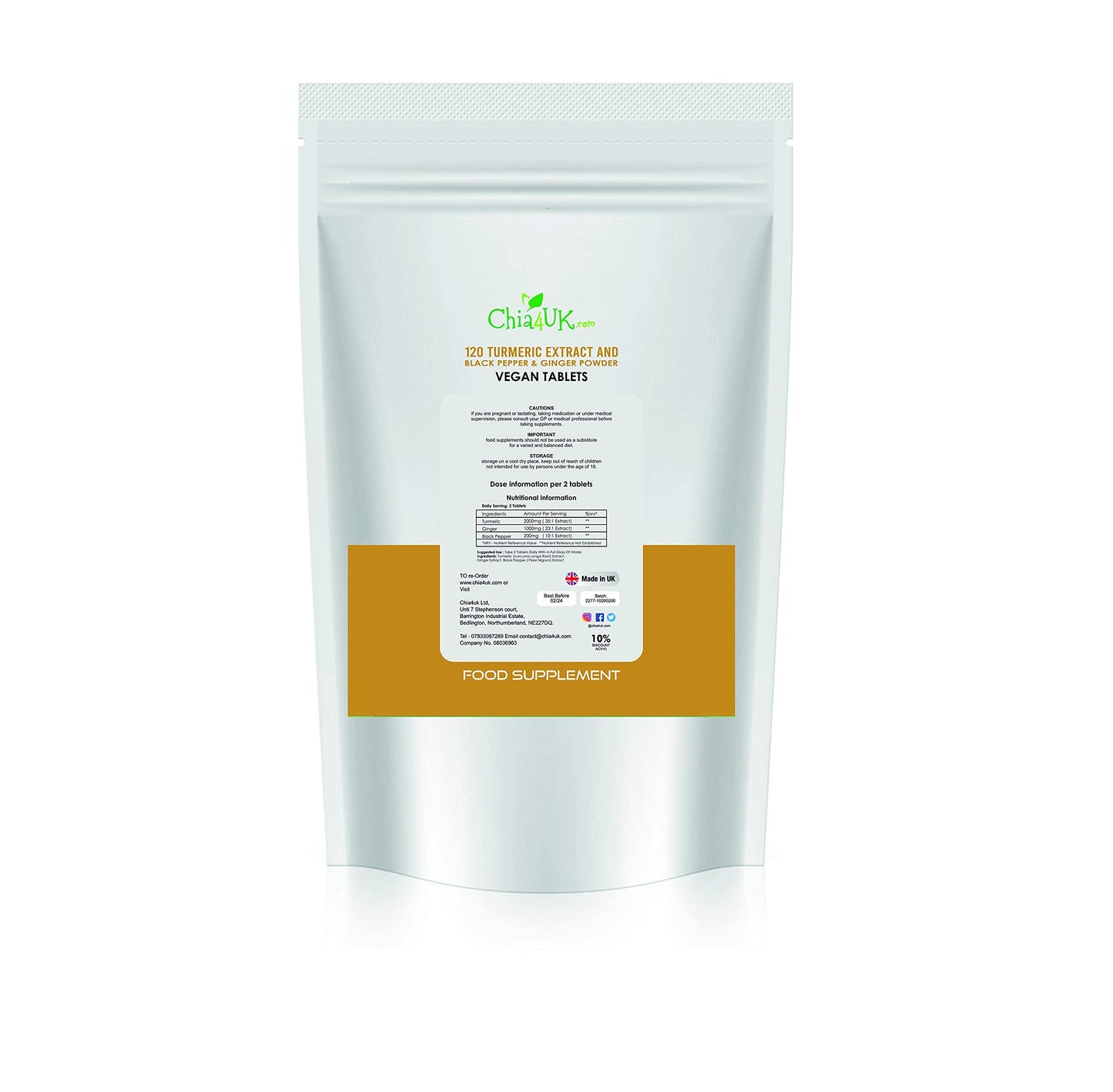 chia4uk LTD Turmeric Tablets 2000mg with Black Pepper & Ginger | 120 High Strength Curcumin Supplements | Turmeric and Black Pepper Tablets| Vegan and Gluten Free | UK Made Supplement