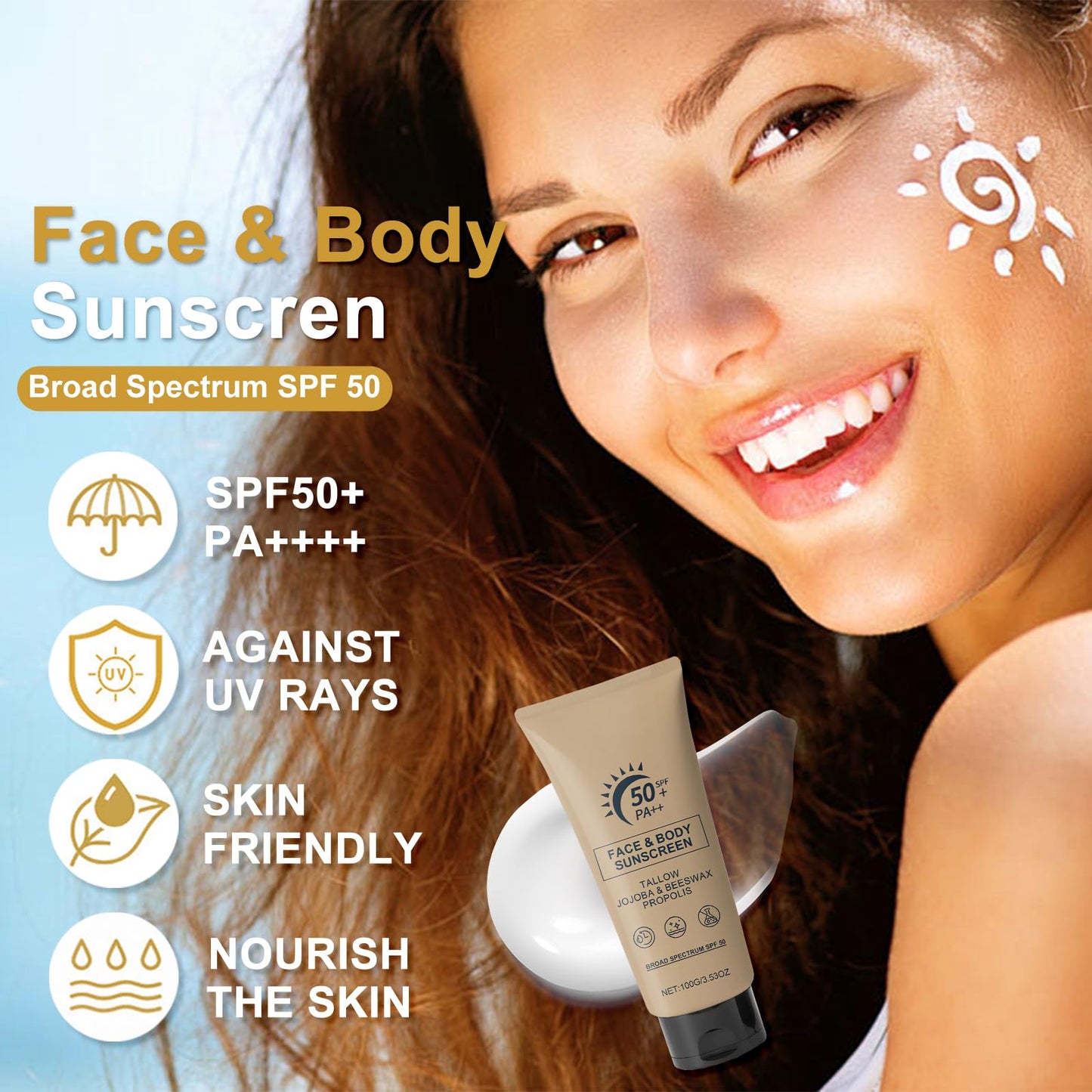 ThamGlow Beef Tallow Sunscreen SPF 50+ PA++, Beef Tallow Skin Care Organic Sunscreen, Sun Cream For Face & Body, Ultra-Lightweight Uv Protection, Non-Greasy & Hydrating For Daily Defence