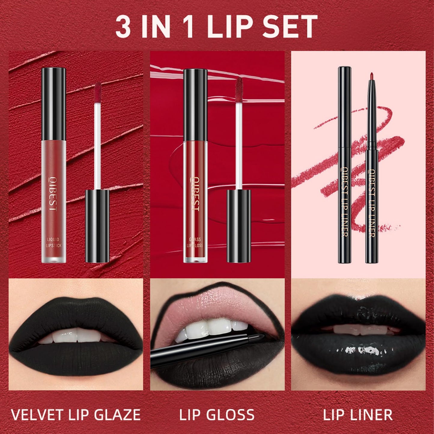 Shengqialun 3PCS Black Matte Liquid Lipstick, Lip Liner and Lipstick Set, Black Lip Gloss, Long-Lasting Velvety Lipstick One-Step Lip Makeup Set for Daily Makeup Goth Makeup and Holiday