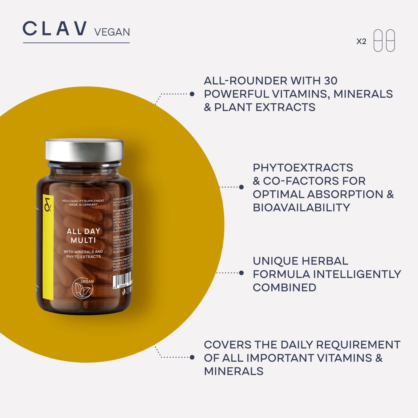 CLAV All Day Multi - A-Z Multivitamins and Minerals - 30 Valuable Vitamins, Minerals, Trace Elements & Plant Extracts - All in One Premium Multi Vitamin for Men and Women - Natural & Vegan