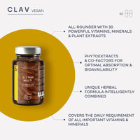 CLAV All Day Multi - A-Z Multivitamins and Minerals - 30 Valuable Vitamins, Minerals, Trace Elements & Plant Extracts - All in One Premium Multi Vitamin for Men and Women - Natural & Vegan