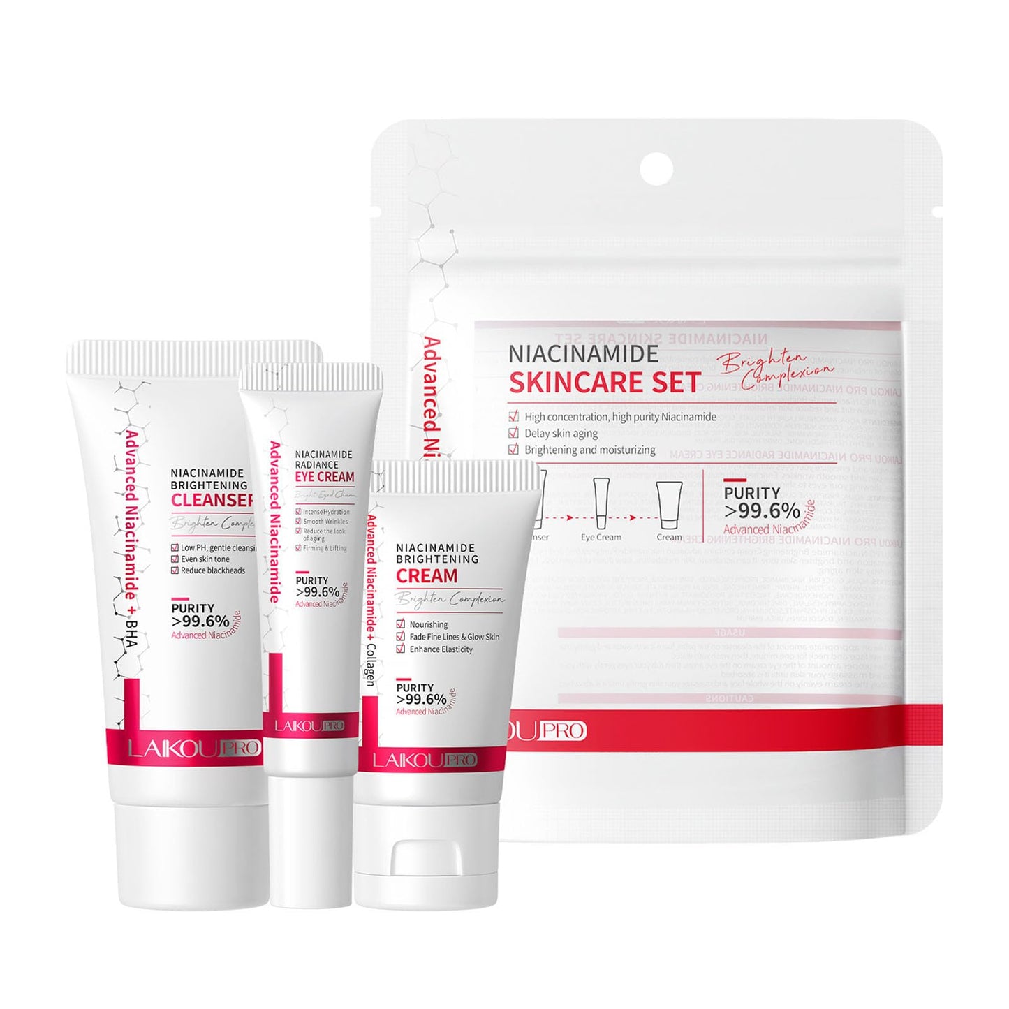 Grospe Niacinamide Skincare Set with Cleanser & Eye Cream & Face Cream Highly Concentrated and Pure Niacinamide Brightening Moisturising Delay Skin Aging Even Skin Tone 3-Piece Travel Size Skincare Set