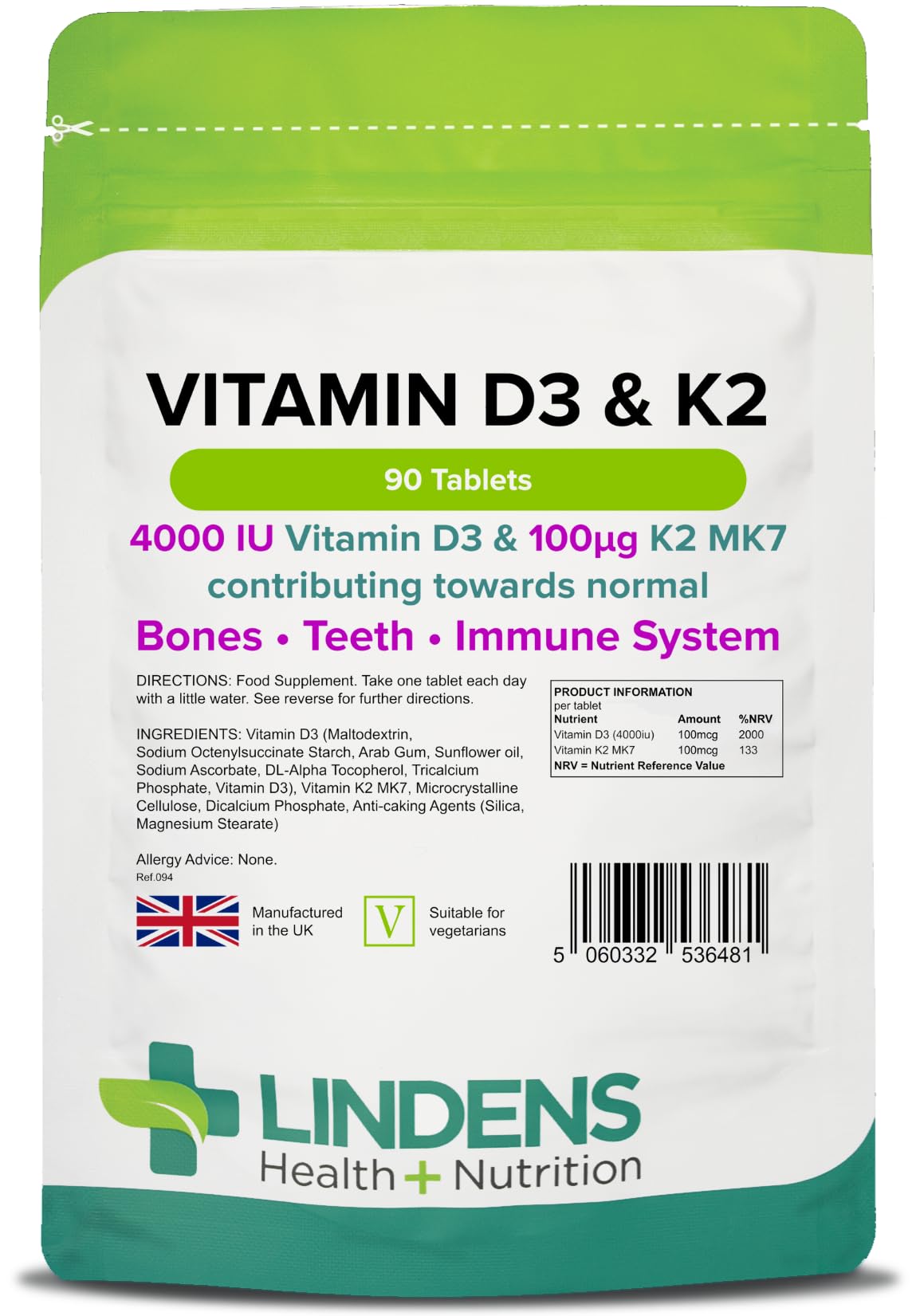 Lindens Vitamin D3 4000IU & MK7 K2 | 90 Tablets | UK Made | Immune Health, Bones, Teeth, Muscle, Blood Calcium Absorption | High Strength Vitamin D & K2 Supplement | 3 Months Supply | Vegetarian