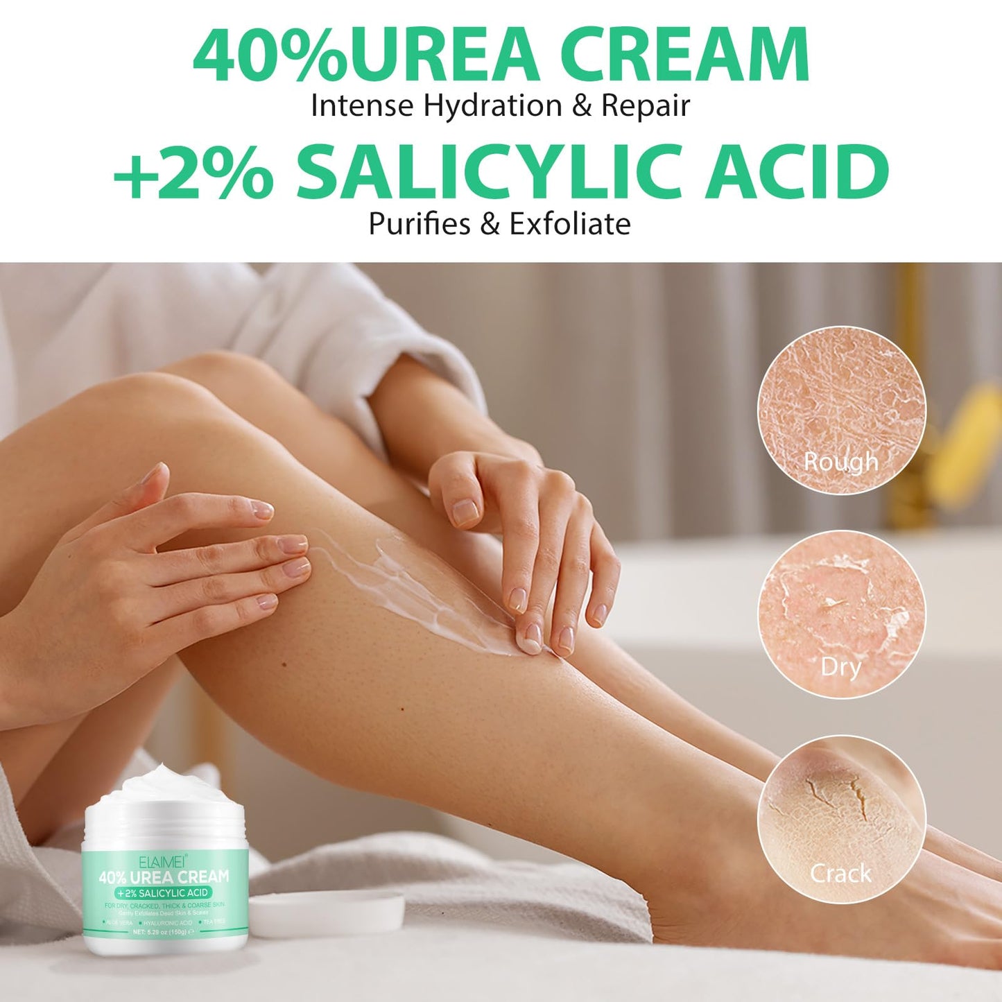 Generic 40% Urea Cream Plus 2% Salicylic Acid - Hyaluronic Acid,Tea Tree,and Aloe Vera Foot Cream Deep Moisturizes Urea Cream for Foot and Hand Maximum Strength - Callus Remover for Cracked Feet, Heels