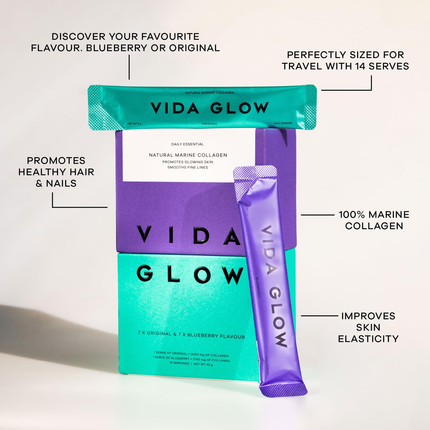 Vida Glow - Natural Hydrolysed Marine Collagen Sachets | Promotes Glowing Skin + Smooths Fine Lines (Mixed, 14 Sachets)