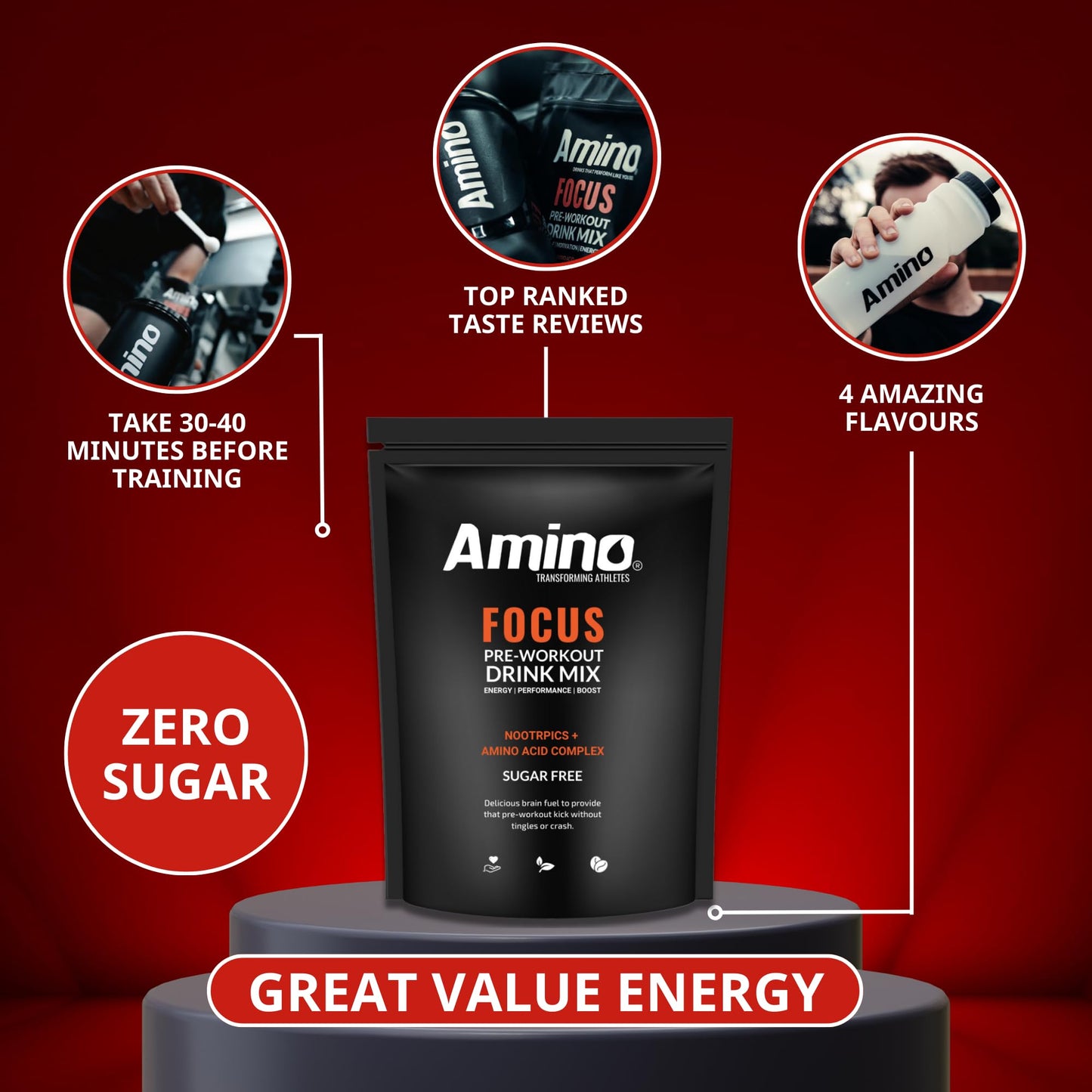 Amino Focus - Pre Workout Powder - 8000mg Nootropics with Caffeine, Creatine & Amino Acids - Preworkout Drink Men & Women - Sugar Free & Suitable for Vegans (Orange, 44 Servings)