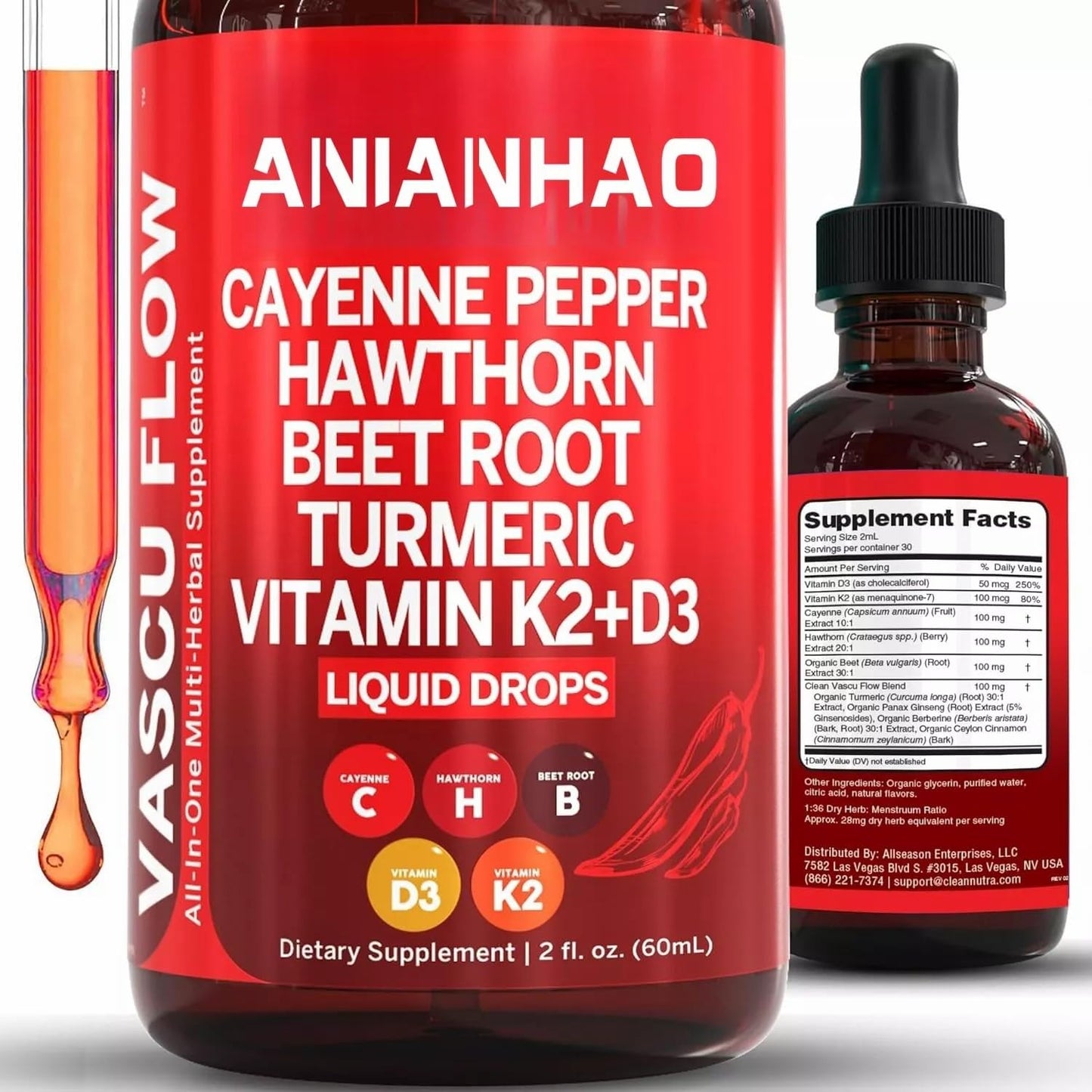 ANIANHAO Cayenne Pepper Drops, 120ml Gleame Cayenne Pepper Drops, Hawthorn Berry, Vitamin D3 K2 Beet Root Powder, Ceylon Cinnamon, Turmeric Curcumin, Organic Panax Ginseng, Berberine 2 Bottles