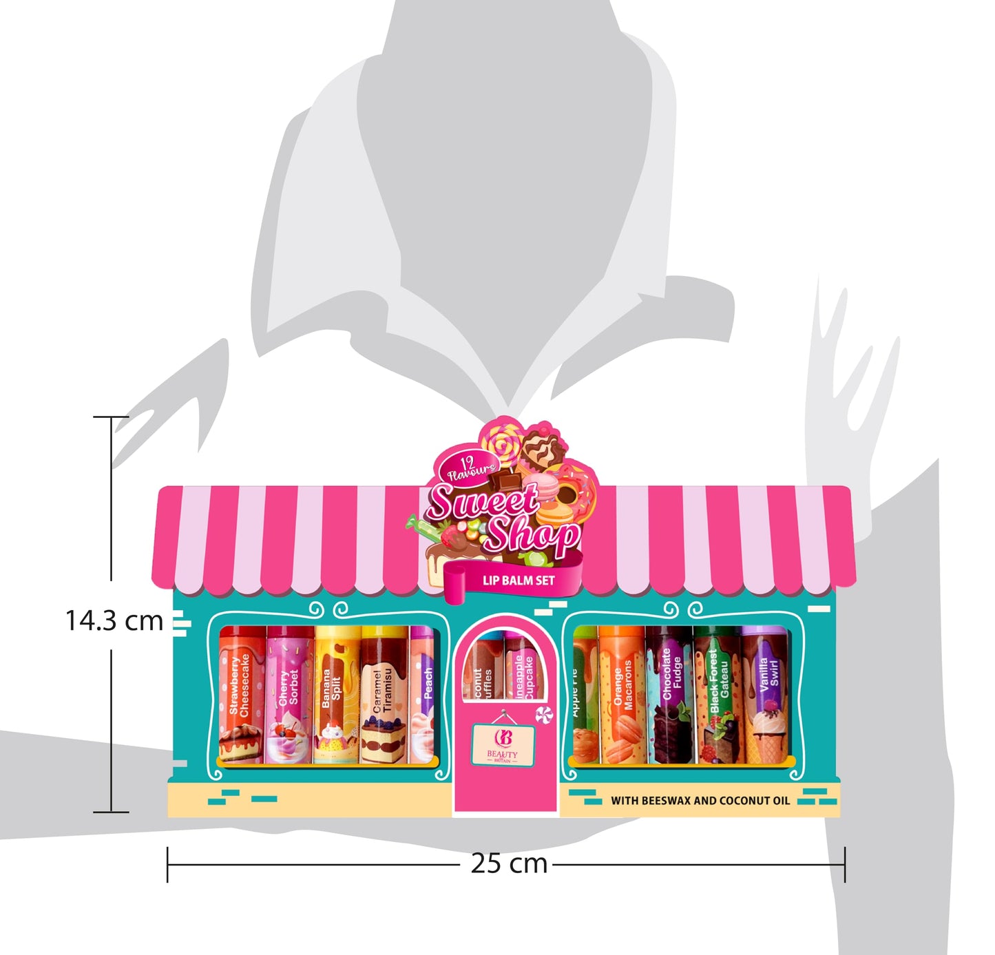 Beauty4Britain Kids Lip Balm Set Sweet Shop - 12 Different Dessert Flavours, Beeswax & Coconut Oil, Colourless, for Girls and Boys
